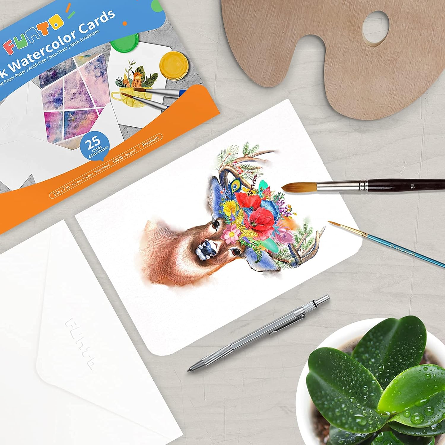 Funto Blank Watercolor Cards and Envelopes, 50 Cards, 5''x7'', 140lb/300gsm, White, Acid-Free, Heavyweight Paper for Watercolor Painting, Invitations, Thank You Notes, Greeting Cards & All Occasions