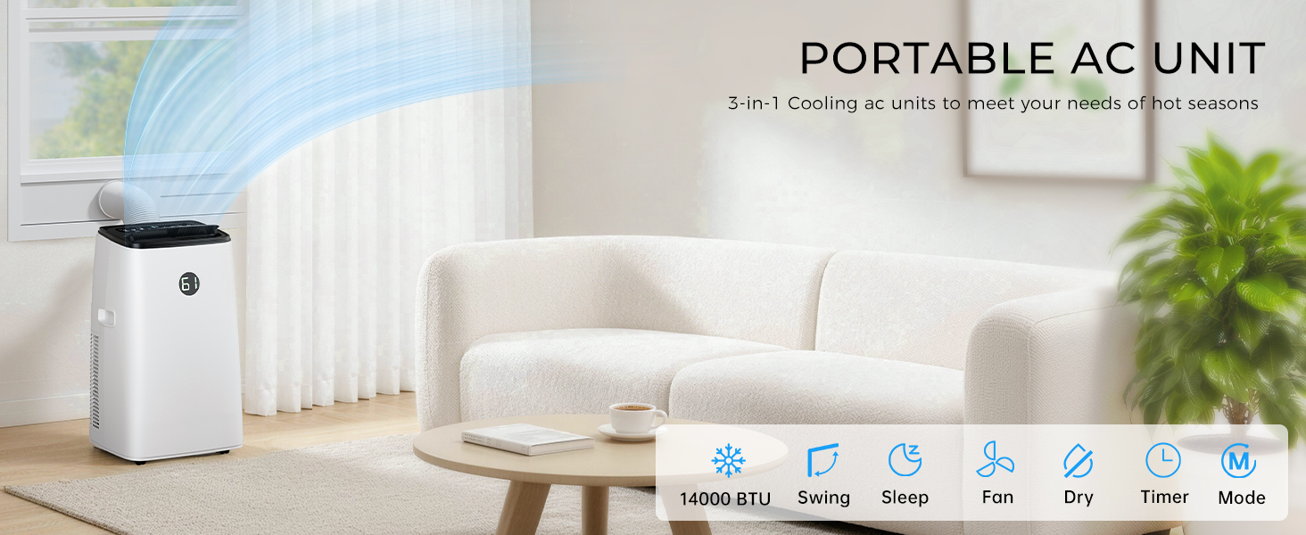 Image of 14000BTU Portable Air Conditioners with Remote Control, Dehumidifier & Fan Mode, Floor Stand up Cooling Portable AC Unit for Large Room up to 700 sq.ft, Sleep,Timer & Auto Swing Function