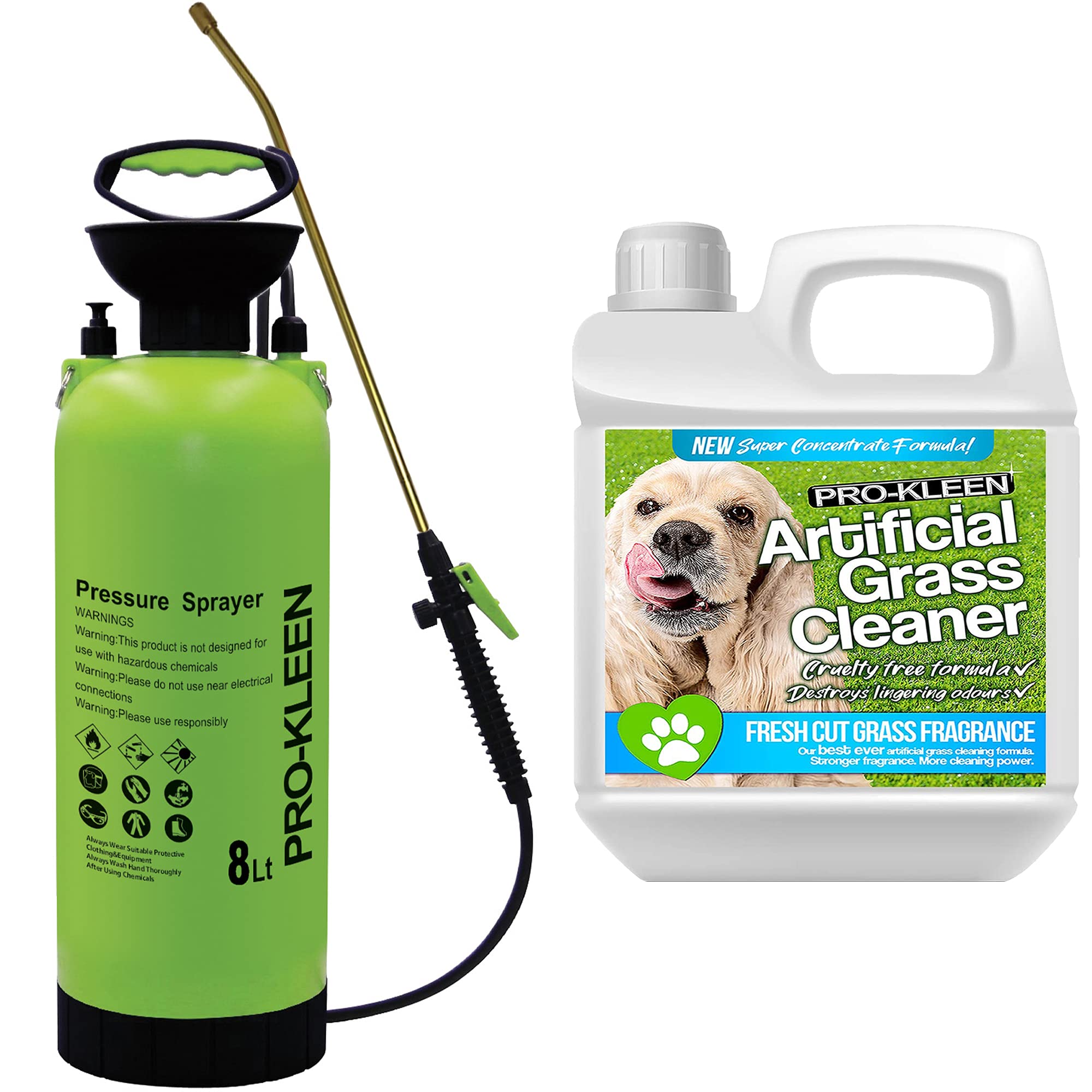 Pro-Kleen Garden Pressure Pump Sprayer Manual Action 8L With Brass Lance & Spare Seal Kit 1L Fresh Cut Grass Fragrance Artificial Grass Cleaner