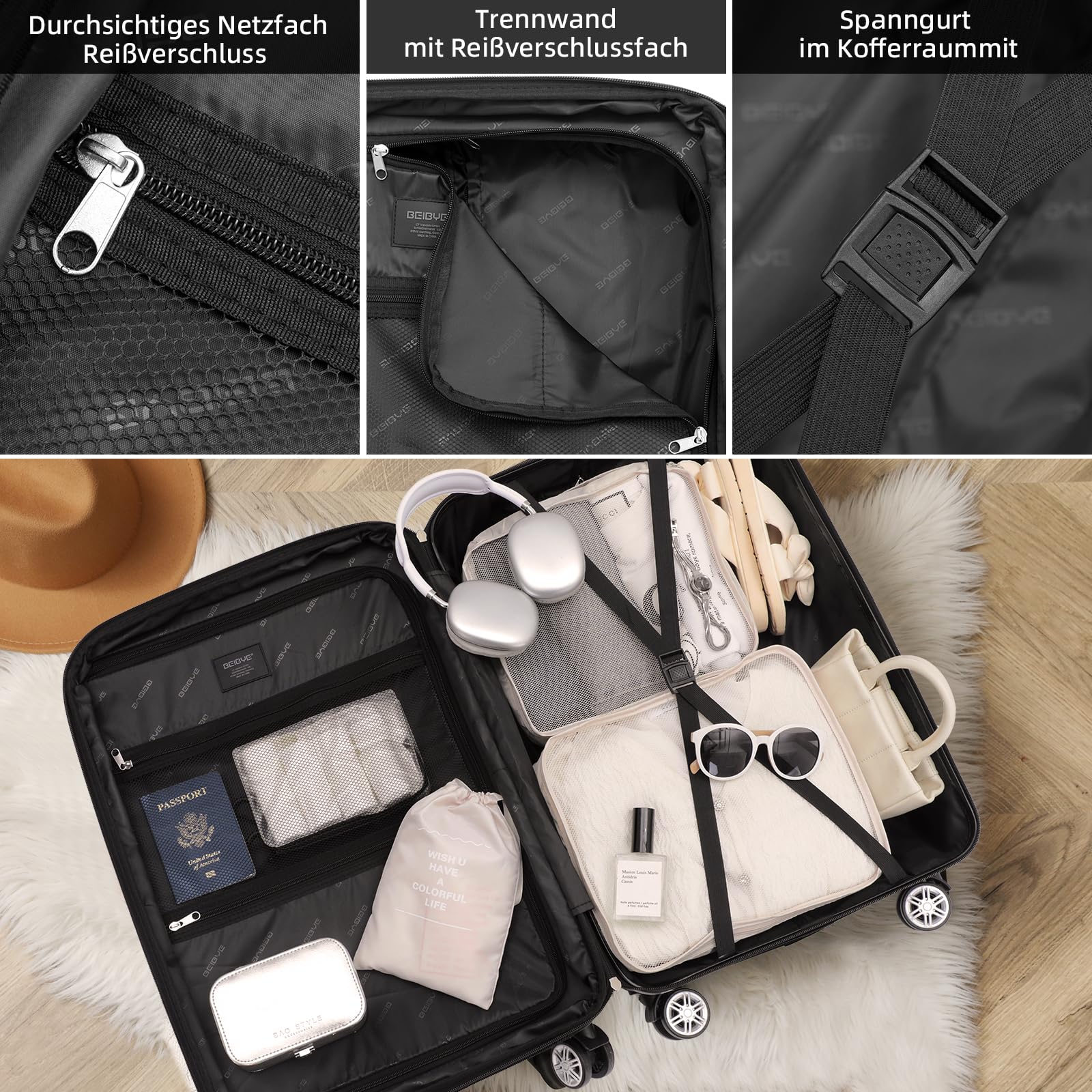 BEIBYE TSA-Schloß 2080 Zwillingsrollen 3 TLG. Reisekofferset Koffer Kofferset Trolley Trolleys Hartschale (Coffee, Set)