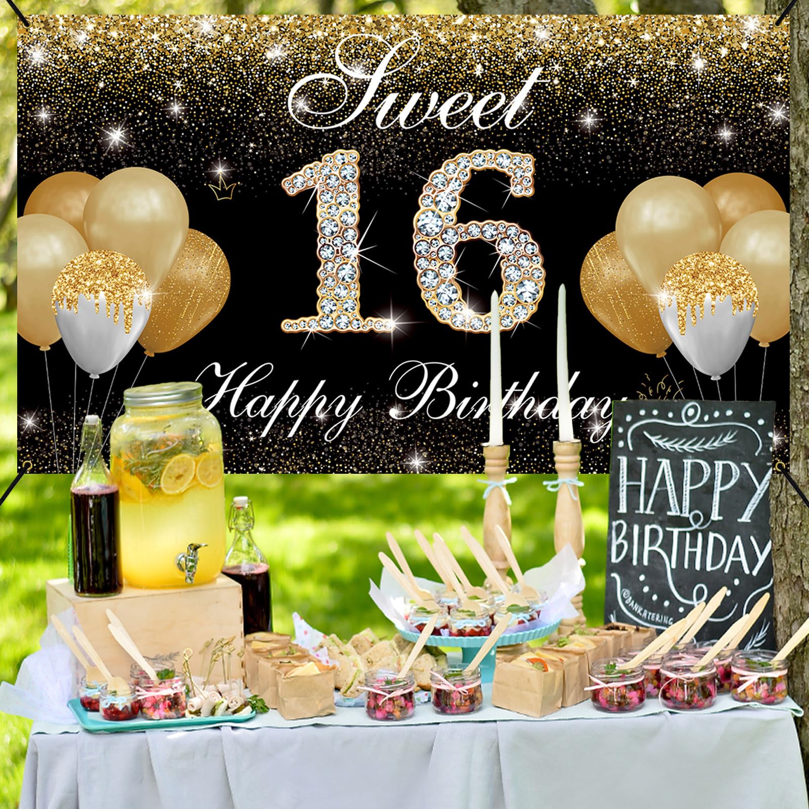 Happy 16th Birthday Banner – Schwarz-gold, 180 X 110 Cm, Für Geburtstagsfeiern & Fotohintergrund
