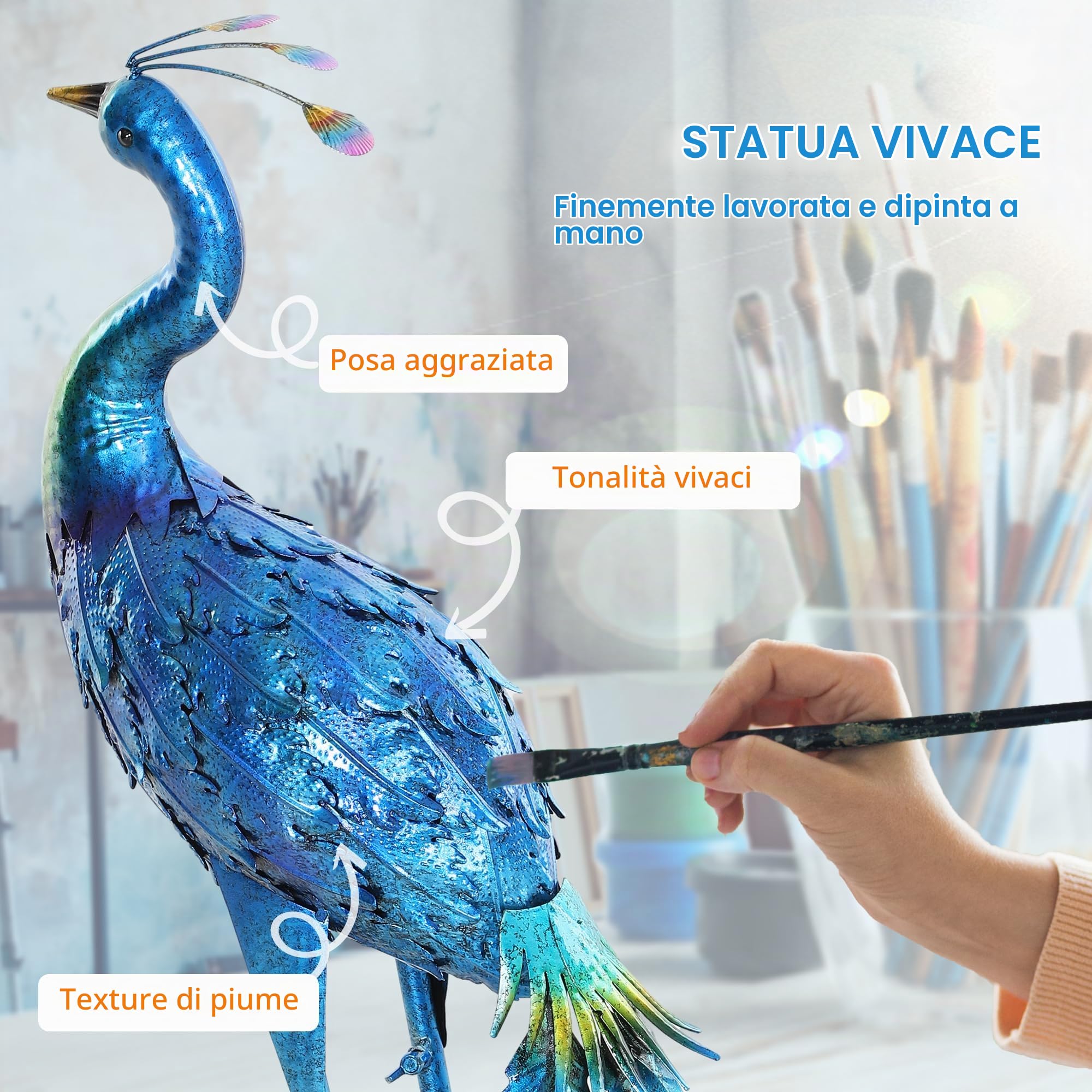 Outsunny Pavone Statua Giardino 32.7" Ornamento Prato Blu Scuro | Acciaio Decorazione da Giardino Statua Uccello, con picchetti, Esterno Prato Patio Cortile