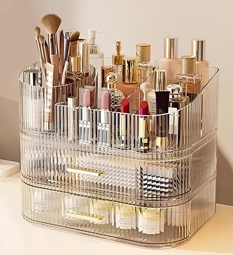 Organizador de maquillaje con cajones y soporte giratorio de 360, almacenamiento de cosméticos de gran capacidad para tocador, cuidado de la piel,