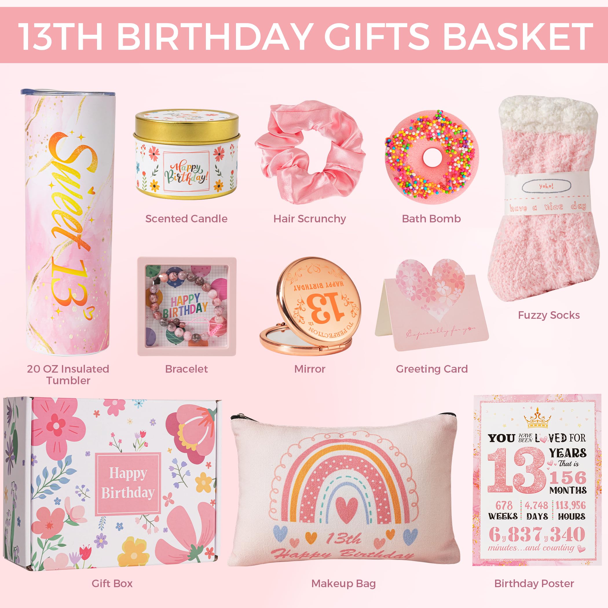 13th Birthday Gifts for Girls,Best Gifts Basket Presents Ideas for Turning 13 Year Old Girls,Happy Sweet 13th Birthday Pamper Hamper Box Kit for Sister Daughter Granddaughter Niece Teenage Teen Her — view 4