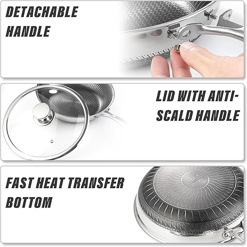 Miniatura 3 de Sartén antiadherente de acero inoxidable de 11 pulgadas con tapa, sartén profesional de panal, mango desmontable, para cocinar, uso en interiores y