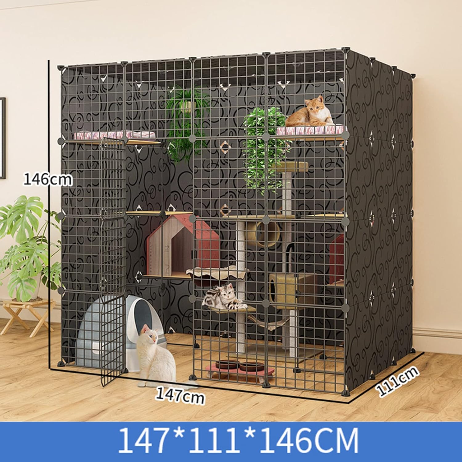 Cat Cages Indoor Large,Wire Cat Cage,Portable Cat Cage,Pet Cages for Cats,Collapsible Cat Cage,Indoor DIY Metal Pet Fence for Cat Dog,147 * 111 * 146cm-B