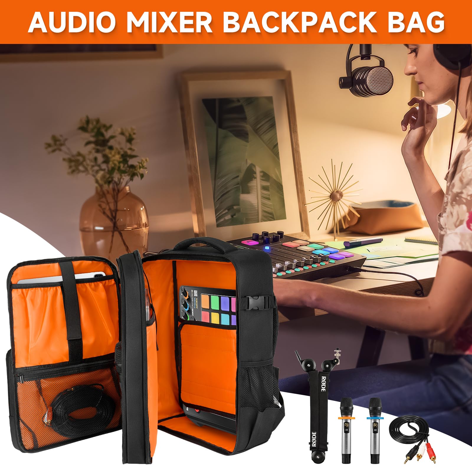 Custodia da viaggio per mixer audio, adatta per RODECaster Pro II, RODECaster Pro, RC Duo, Yamaha MG10XU, TC-Helicon GoXLR, podcast DJ Mixer borsa con tasche multiple per microfoni, cavi, attrezzatura