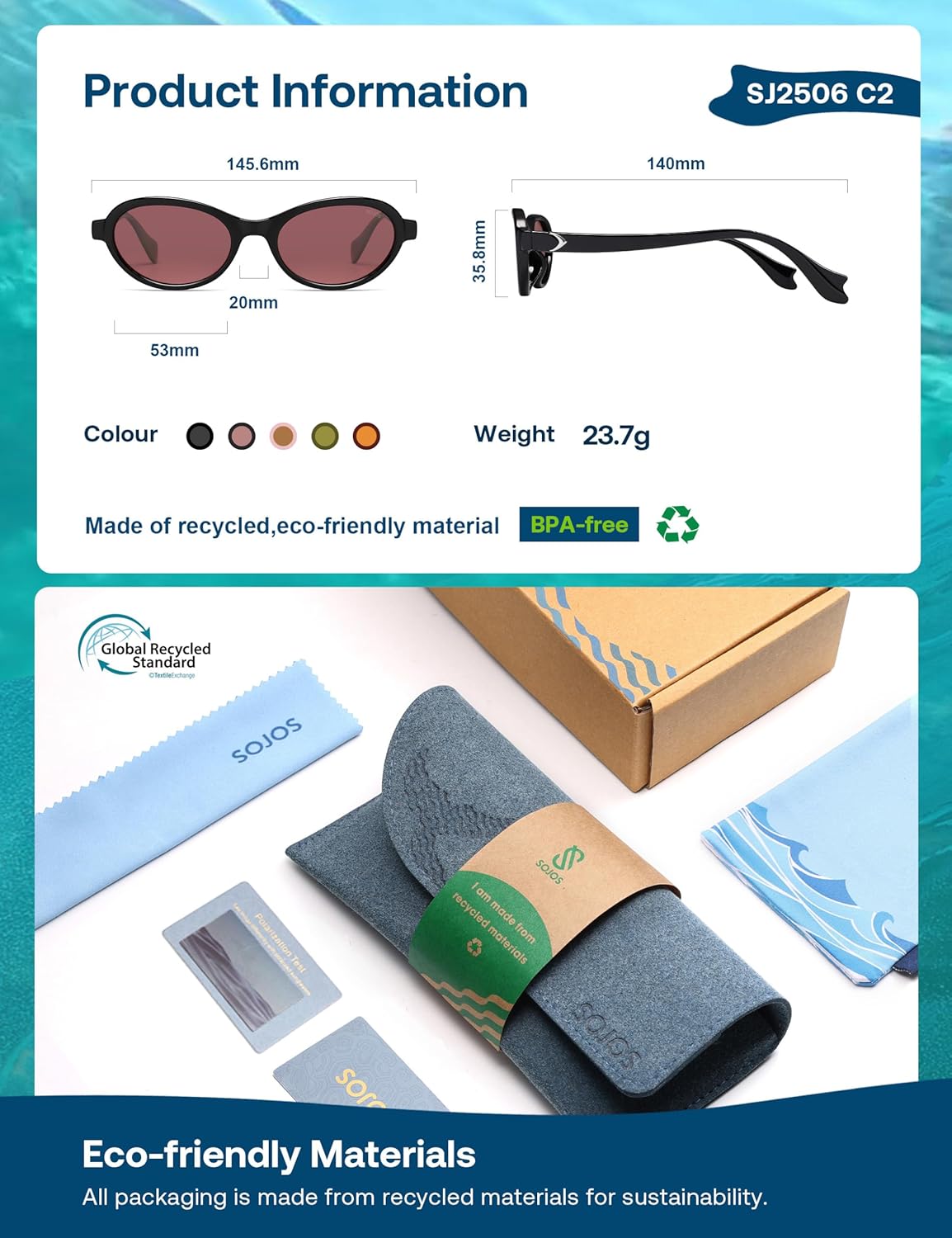 SOJOS Ocean Collection Polarized Retro Oval Small Sunglasses Womens Recycled Plastic Frame Eco-Friendly UV400, Echo - Image 4