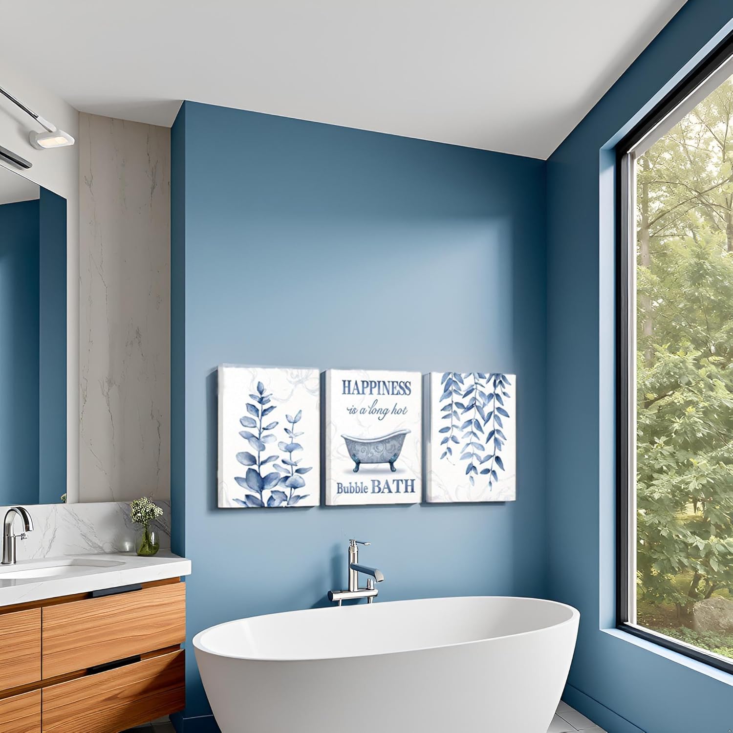 sechars Botanical Plant Canvas Wall Art Minimalist Boho Leaves Painting Pictures Decor Modern Blue Bathroom Decoration (Blue)