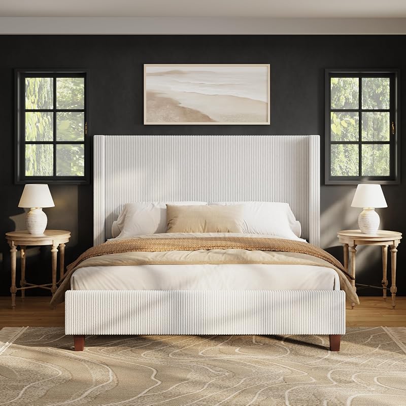HOWE King Size Upholstered Bed Frame with 50.8'' Wingback Headboard, Cream image 3