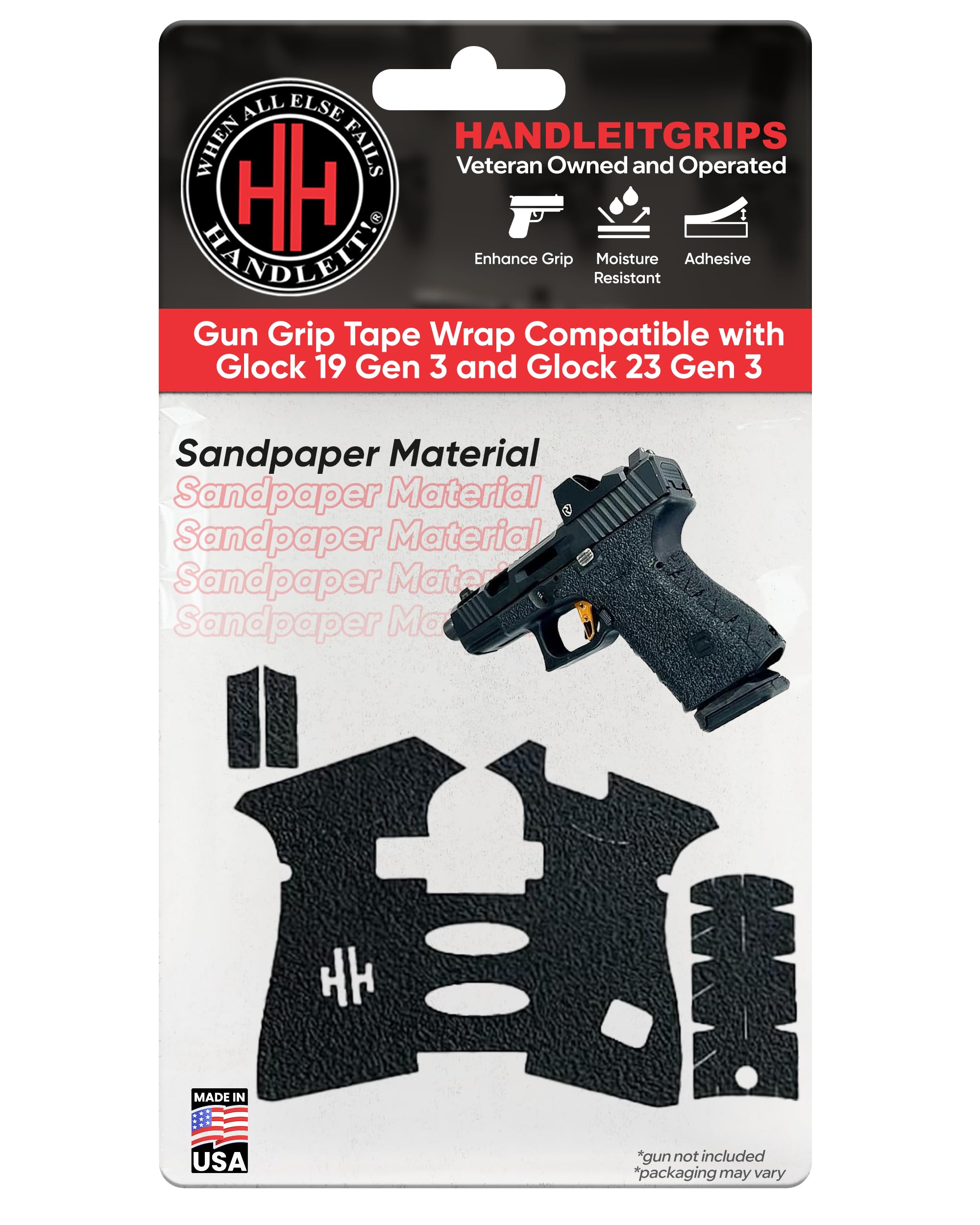 Gun Grip Tape Compatible with Glock 19 Gen 3 and Glock 23 Gen 3 - Black Sandpaper Pistol Grip Tape, Easy Installation, Gun Parts & Accessories, Veteran Owned, Made in The USA