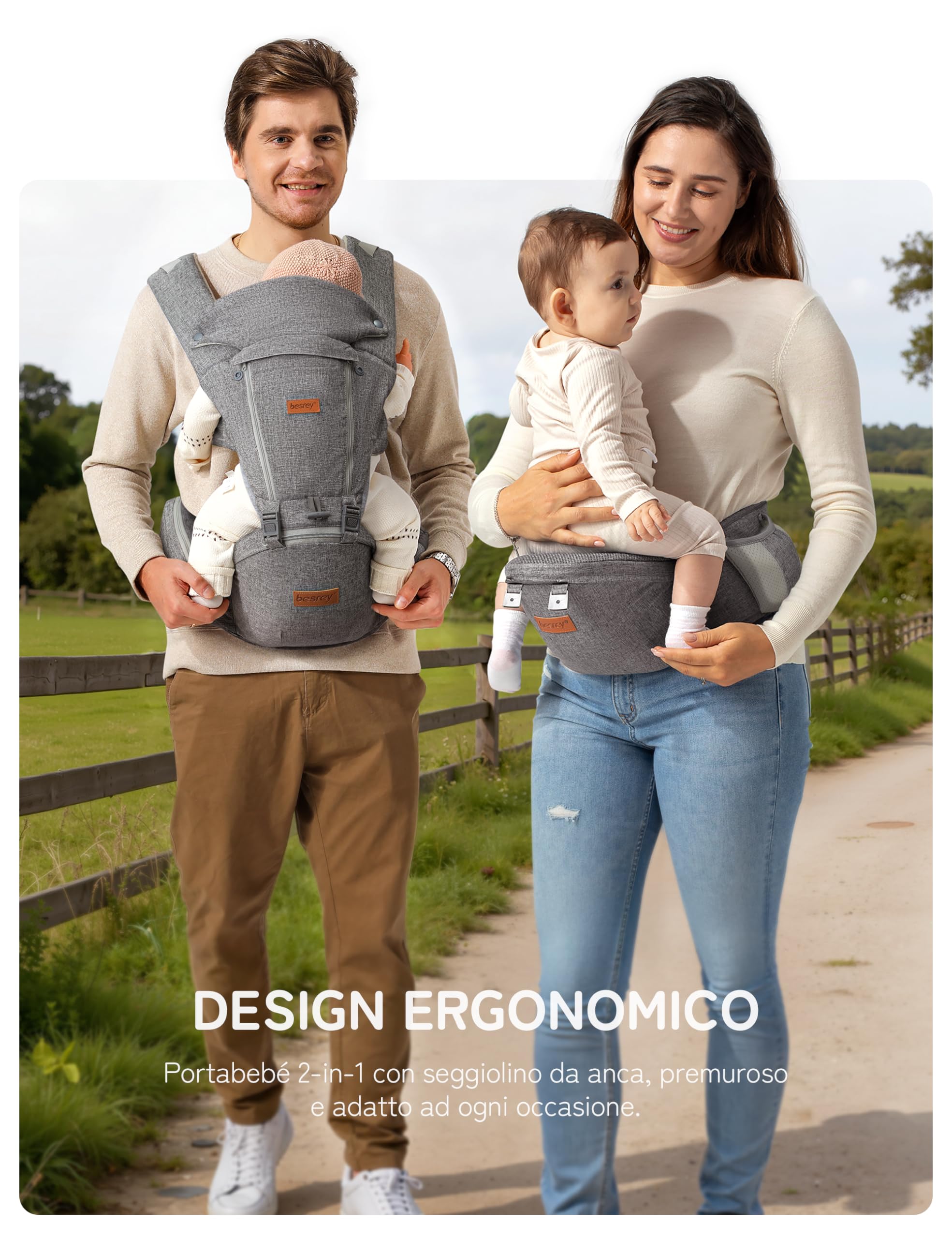 besrey Marsupio Neonato 4-36 Mesi con Seduta Ergonomica e Supporto Lombare | Per passeggiate e uso quotidiano: seduta a M, rete mesh traspirante e spallacci imbottiti; include 2 bavaglini in cotone.