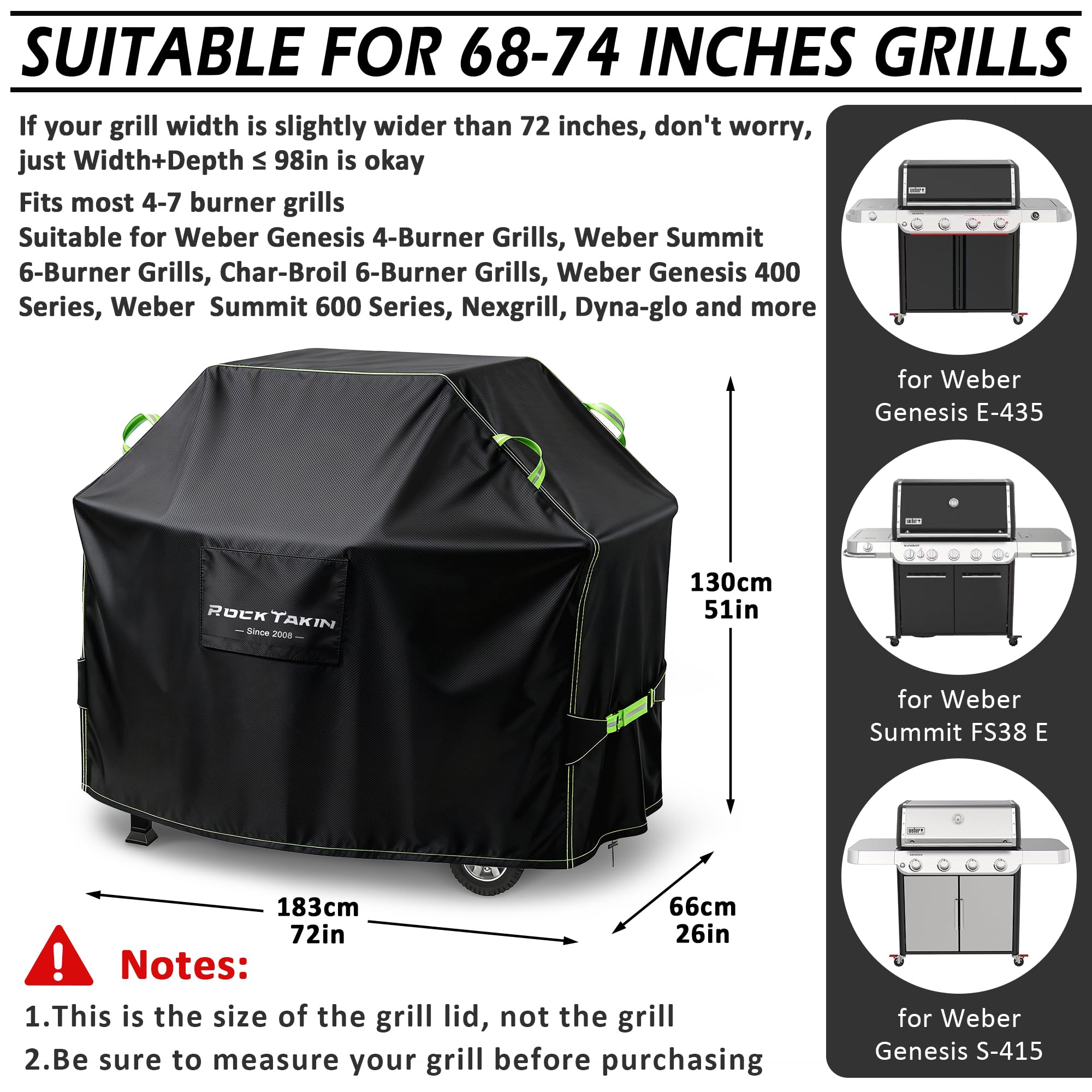 ROCKTAKIN Housse de barbecue robuste de 183 cm, housse de barbecue à gaz pour extérieur, imperméable, résistante aux UV et à la décoloration, coupe-vent avec aérations pour Weber Char-Broil Nexgrill