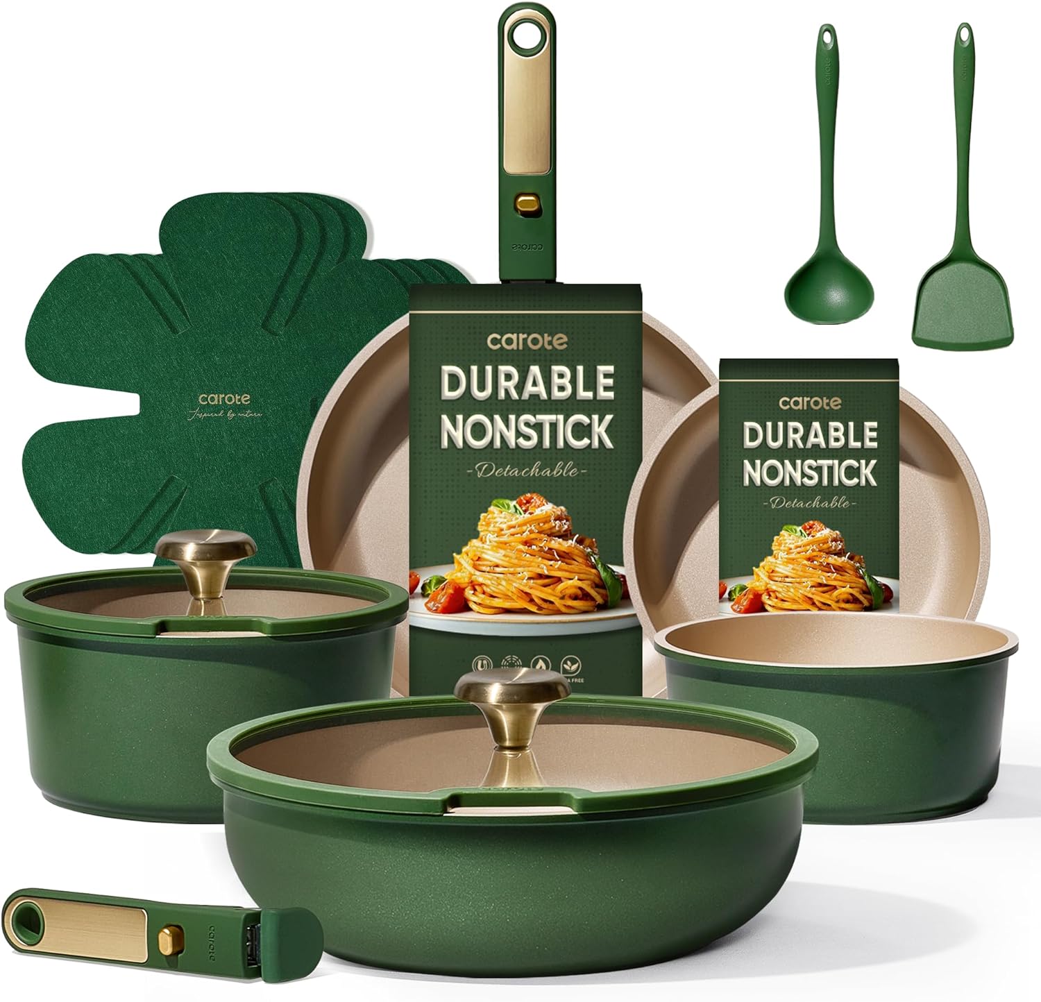 CAROTE Green&Gold Nonstick Cookware Set,15Pcs Pots and Pans Set Non Stick Detachable/Removable Handle,Kitchen Cooking Set Dishwasher Safe, RV Kitchen Pot and Pan, Induction Cookware