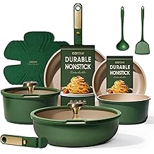 CAROTE Green&amp;Gold Nonstick Cookware Set,15Pcs Pots and Pans Set Non Stick Detachable/Removable Handle,Kitchen Cooking Set Dishwasher Safe, RV Kitchen Pot and Pan, Induction Cookware