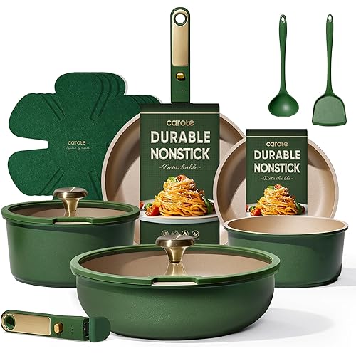 CAROTE Green&Gold Nonstick Cookware Set,15Pcs Pots and Pans Set Non Stick Detachable/Removable Handle,Kitchen Cooking Set Dishwasher Safe, RV Kitchen Pot and Pan, Induction Cookware