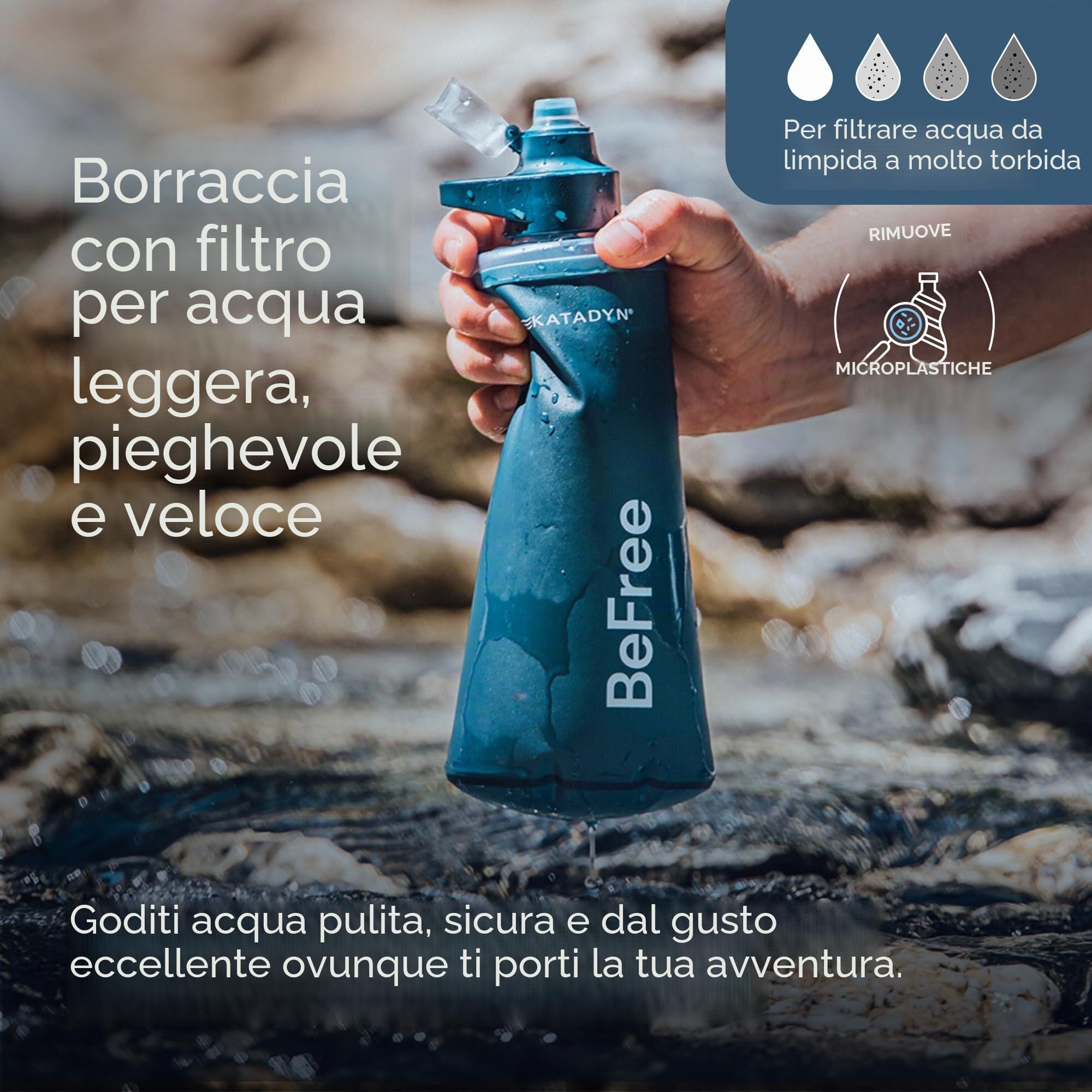 Katadyn BeFree AC 1,0L blu ardesia – Filtro dell'acqua ultraleggero per attività all'aperto, campeggio e avventura, con filtro ai carboni attivi & membrana EZ-Clean ™ – Acqua potabile pulita sempre e