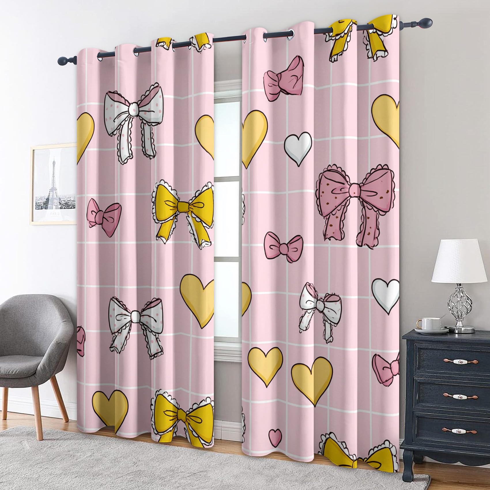 Girls Bow Blackout Curtains for Bedroom, Kids Pink Heart Pattern Thermal Eyelet Drapes for Living Room, 90 x 108 Inch 2 Panels, Home Decoration - P299