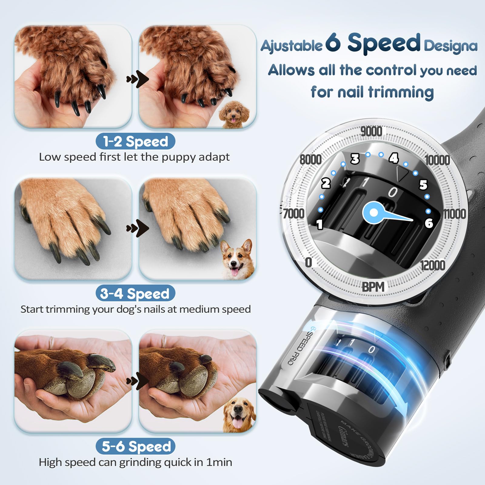 Gimars Dog Nail File, Adjustable 6 Speed Levels, Nail Drill for Dogs with Double LED Light, Pet Nail Burner - Image 2