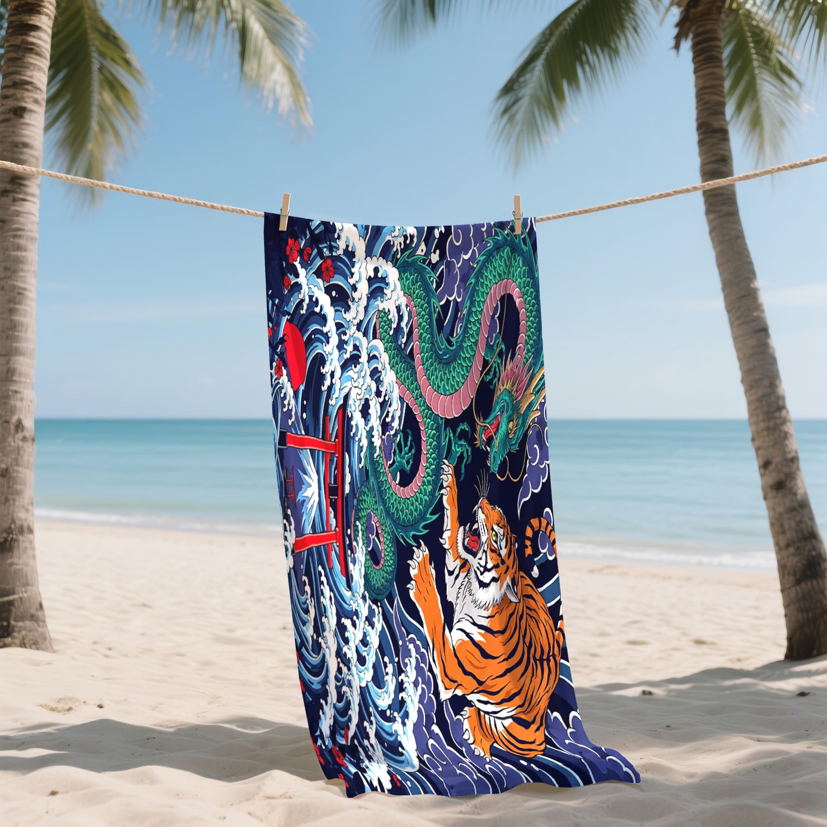 Serviette de Plage XXL Microfibre Dragon Tigre Style Japonais Torii Gate, Drap de Plage Séchage Rapide Anti Sable & Légère, Serviette de Bain Grande Taille 150x200 cm, Cadeau été