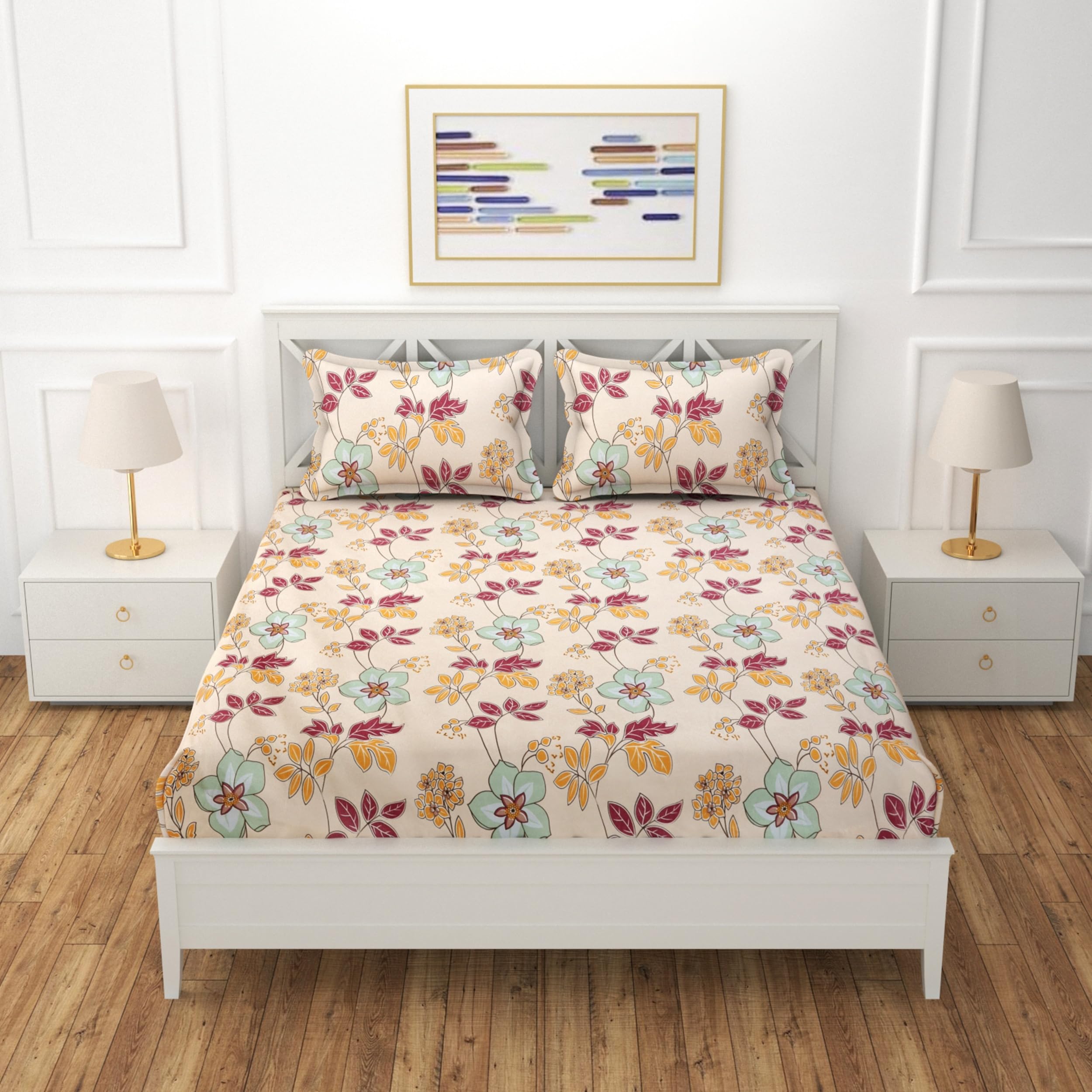 REALDREAM® Elastic Fitted Bedsheets King Size, Bedsheet for Double Bed Elastic Fitted, Double bedsheet with 2 Pillow Covers 72 x 78 x 8 Inches (Cream-Multi-Flower) (B0D8Y2QS5V) Amazon Price History, Amazon Price Tracker