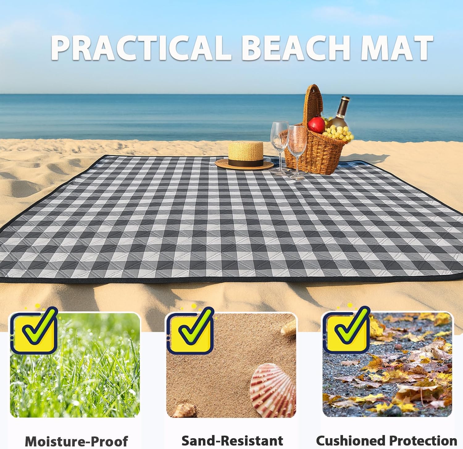 TigeJoy Extra große Picknickdecke, wasserdicht, Stranddecke, 203 x 203 cm | Outdoor-Picknickmatte, sanddicht, für Park, Strand, Gras, Reisen, Wandern, Camping-Essentials, Gingham-Picknickdecke, faltbar