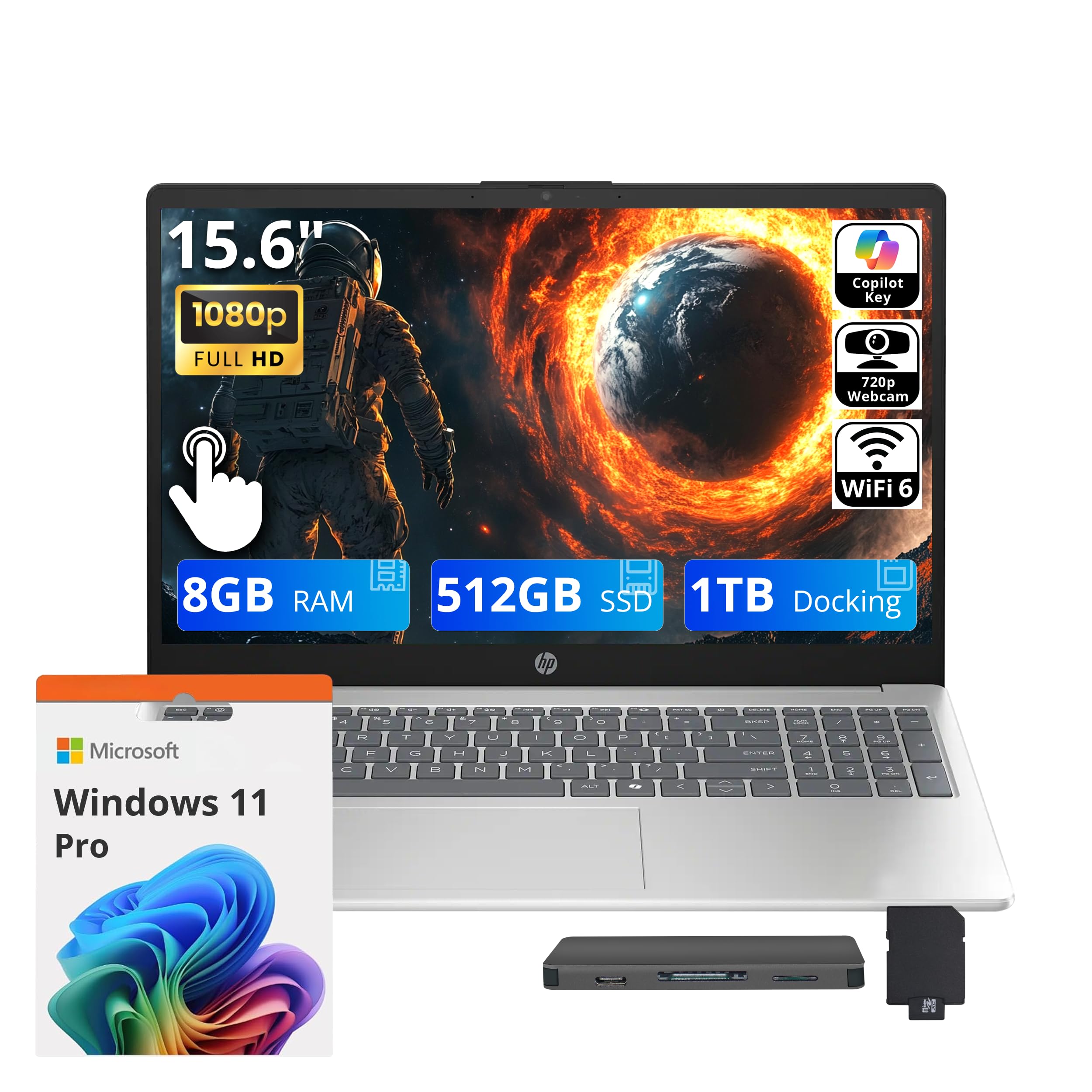 HP 15.6" FHD IPS Touchscreen Laptop, AMD Ryzen 5 7520U, 8GB RAM, 1.5TB Storage (512GB SSD+1TB Docking Station), AMD Radeon Graphics, Full-Size Keyboard, Wi-Fi 6, Windows 11 Pro, Natural Silver