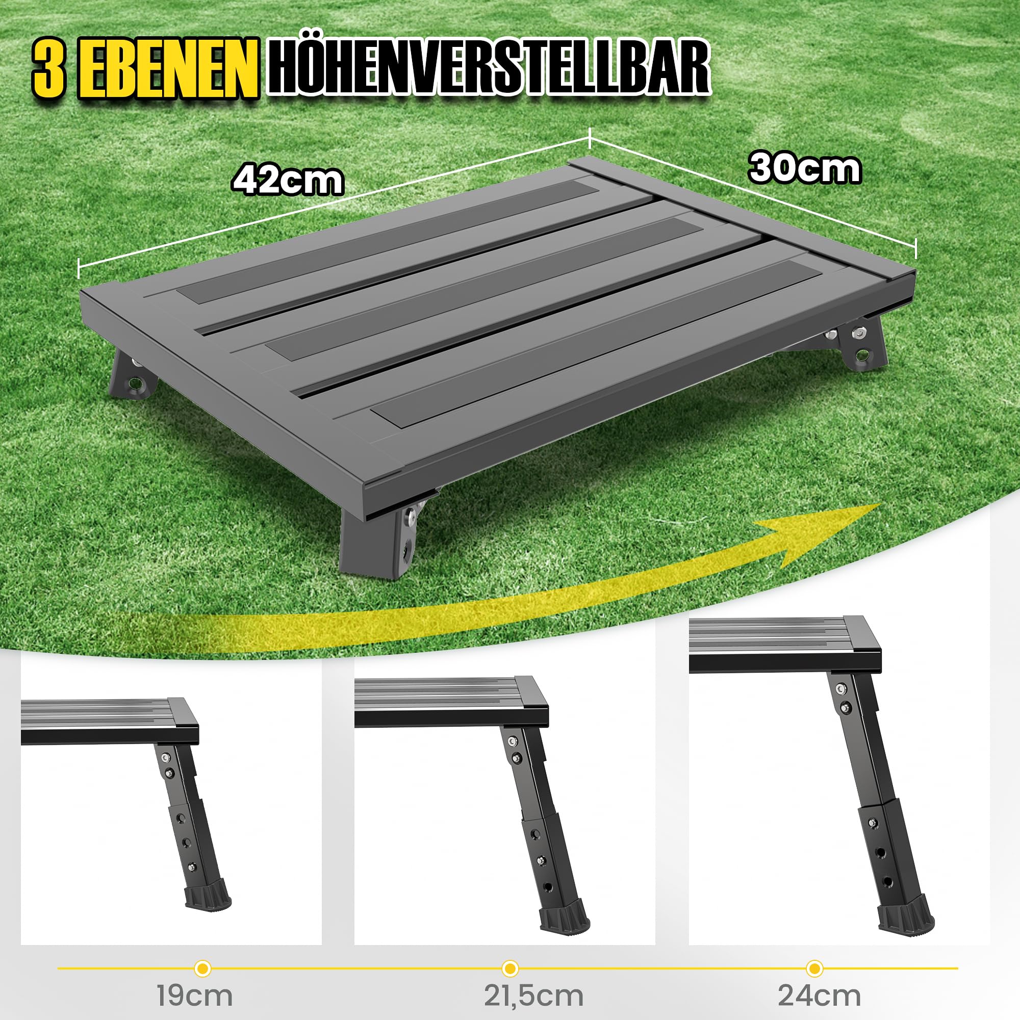 Aluminiowa drabina składana, 1 stopień, 3-stopniowa regulacja wysokości, szeroka powierzchnia antypoślizgowa, obciążenie do 1000 kg, wysokiej jakości konstrukcja aluminiowa (czarna)