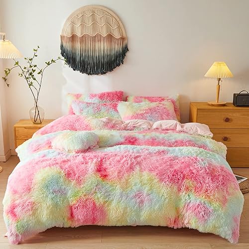 Miniatura 2 de Edredón de piel sintética suave, juego de 3 piezas (1 edredón de felpa + 2 fundas de almohada peludas, lujoso, moderno, relleno de microfibra para