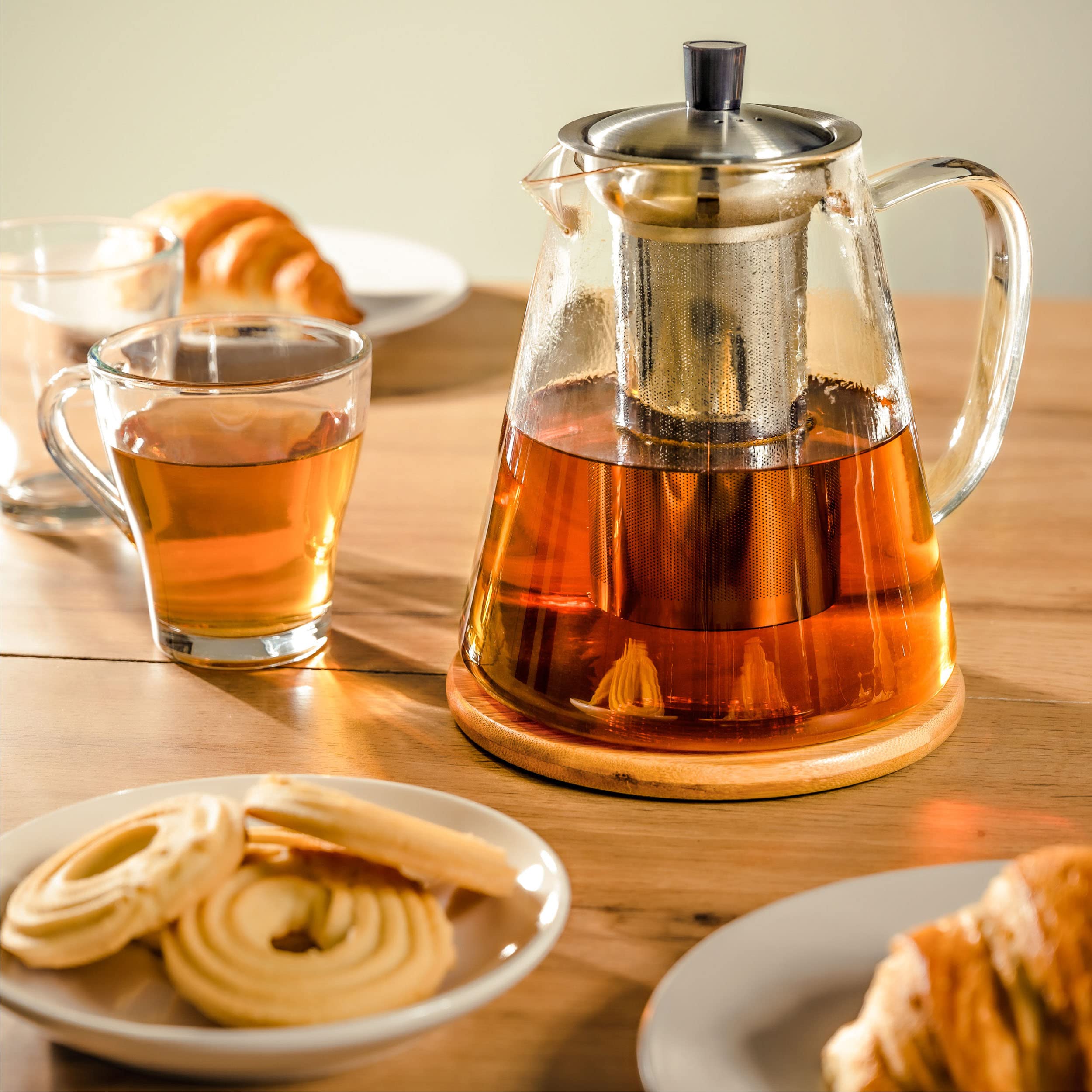 Cosumy Teiera con Infusore in Vetro Borosilicato da 1,3L Grande - Con Sottobicchiere in Bambù - Lavabile in Lavastoviglie