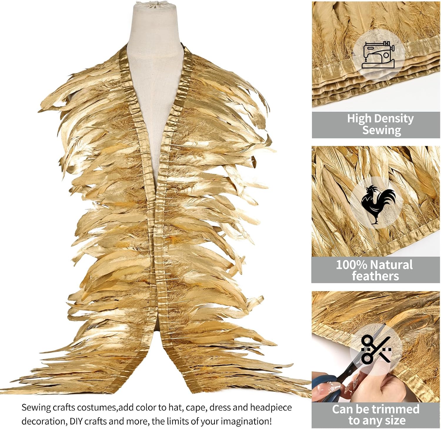 THARAHT Rooster Coque Tail Feathers Trim 8-10inch 2Yard Natural Fringe Trim for DIY Sewing Craft Party Clothing Cape Shawl Wings Halloween Wedding Decoration
