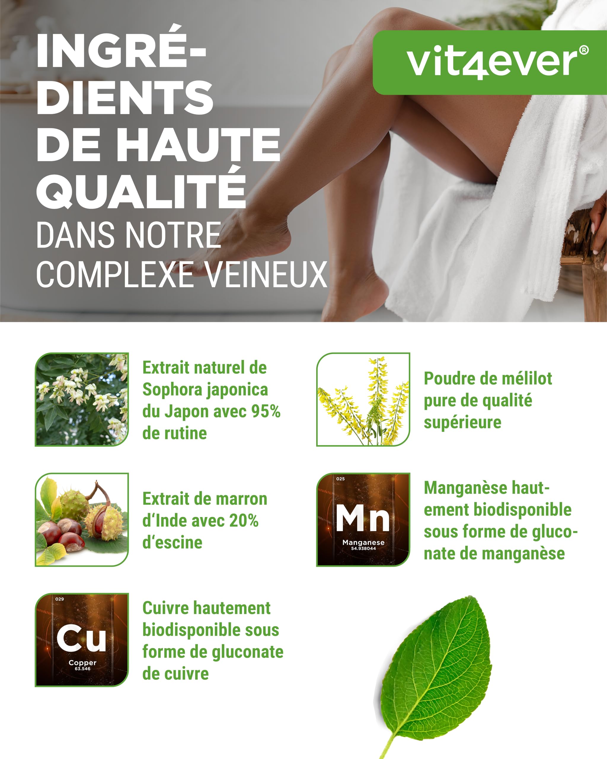 Complexe Veineux - 180 Capsules - 3 Mois d'Approvisionnement - Hautement Dosé en Rutine, Mélilot, Extrait de Marron d'Inde, Manganèse, Cuivre - Extraits Premium - Vegan