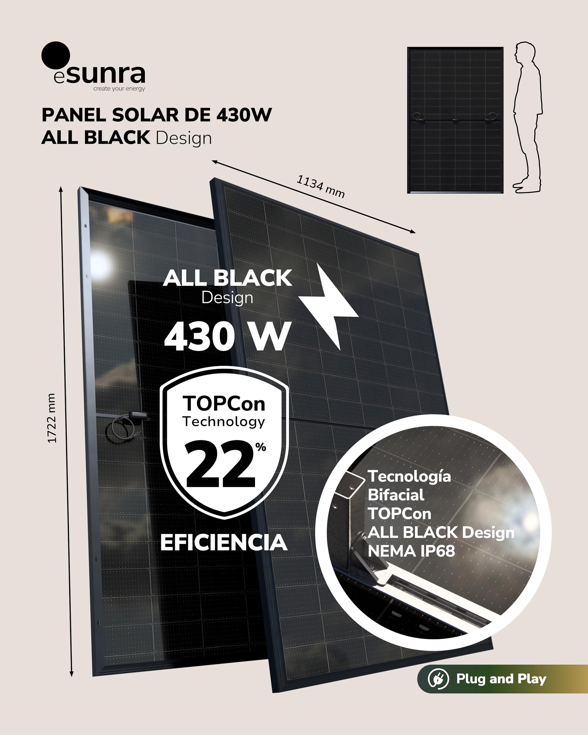 Kit Solar balcón 800W - Plug and Play - 2 paneles solares bifaciales 430W - ALL BLACK - TOPCon - Microinversor NEP BDM800W - Cable de 5 m - App de monitorización