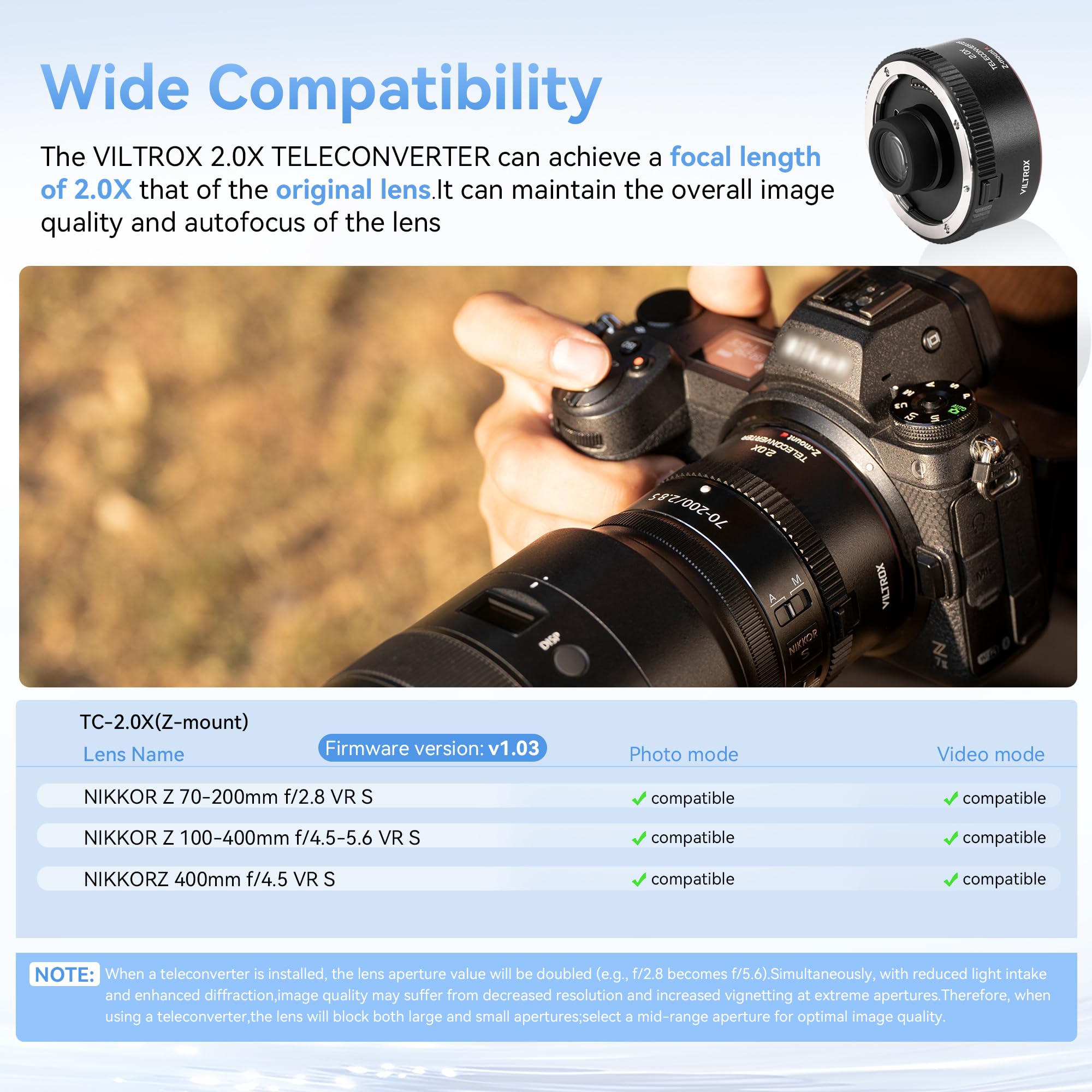 VILTROX Teleconverter TC-2.0X per Nikon Z Mount Teleobiettivo Extender Autofocus Lens Compatibile con NIKKOR Z 70-200mm f/2.8 VR S