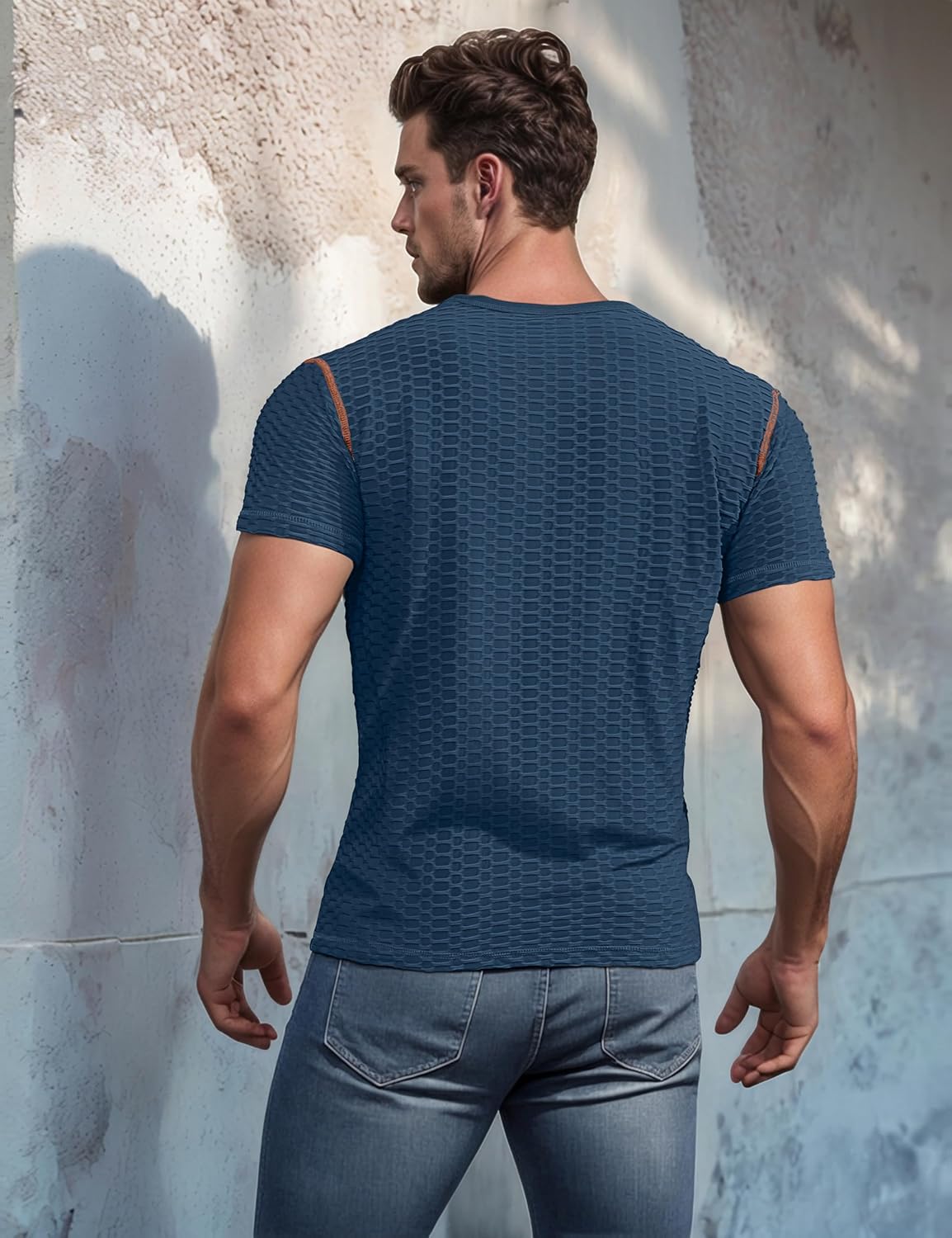 Mens Muscle Slim T Shirt Gym Workout Athletic Tee Shirts V Neck Short Sleeve Shirts - Image 5