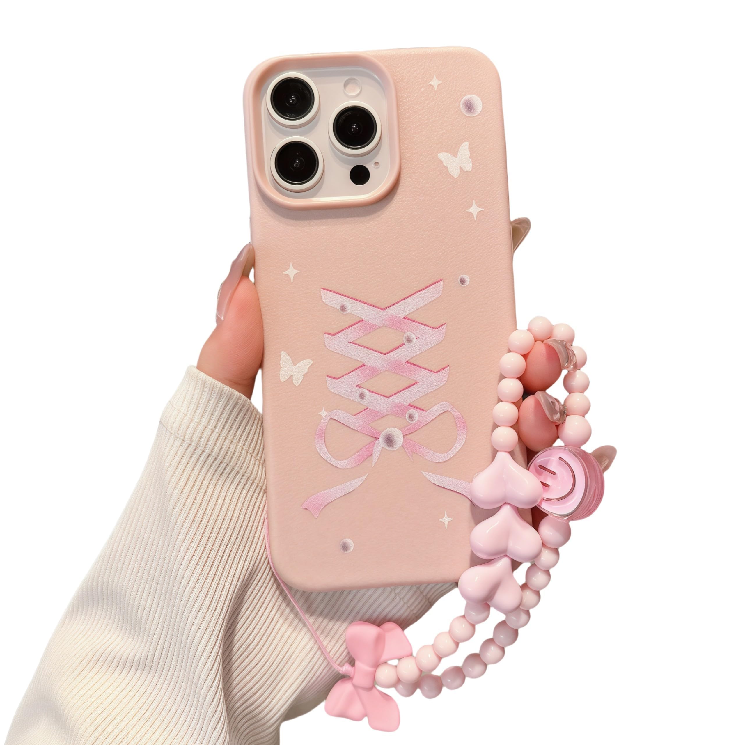 Pretaco Elegant Lovely Bow Phone Case for iPhone 15 Pro, Stylish Ballet Ribbon Girly Cover with Wrist Strap, Aesthetic Soft Pink Tone, Designed for
