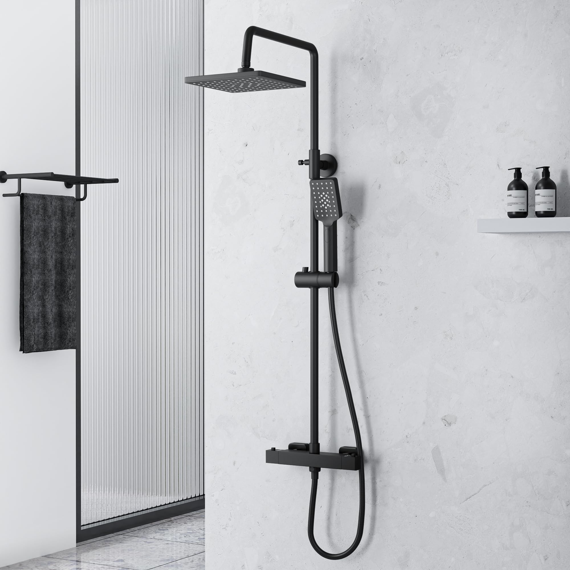 Sponsored Ad – Thermostatic Shower Mixer Set Matte Black,Adjustable Height Thermostatic Shower Set,Thermostatic Shower Bar Set with Square Rainfall Shower and Multi-Function Hand Shower, Matte Black