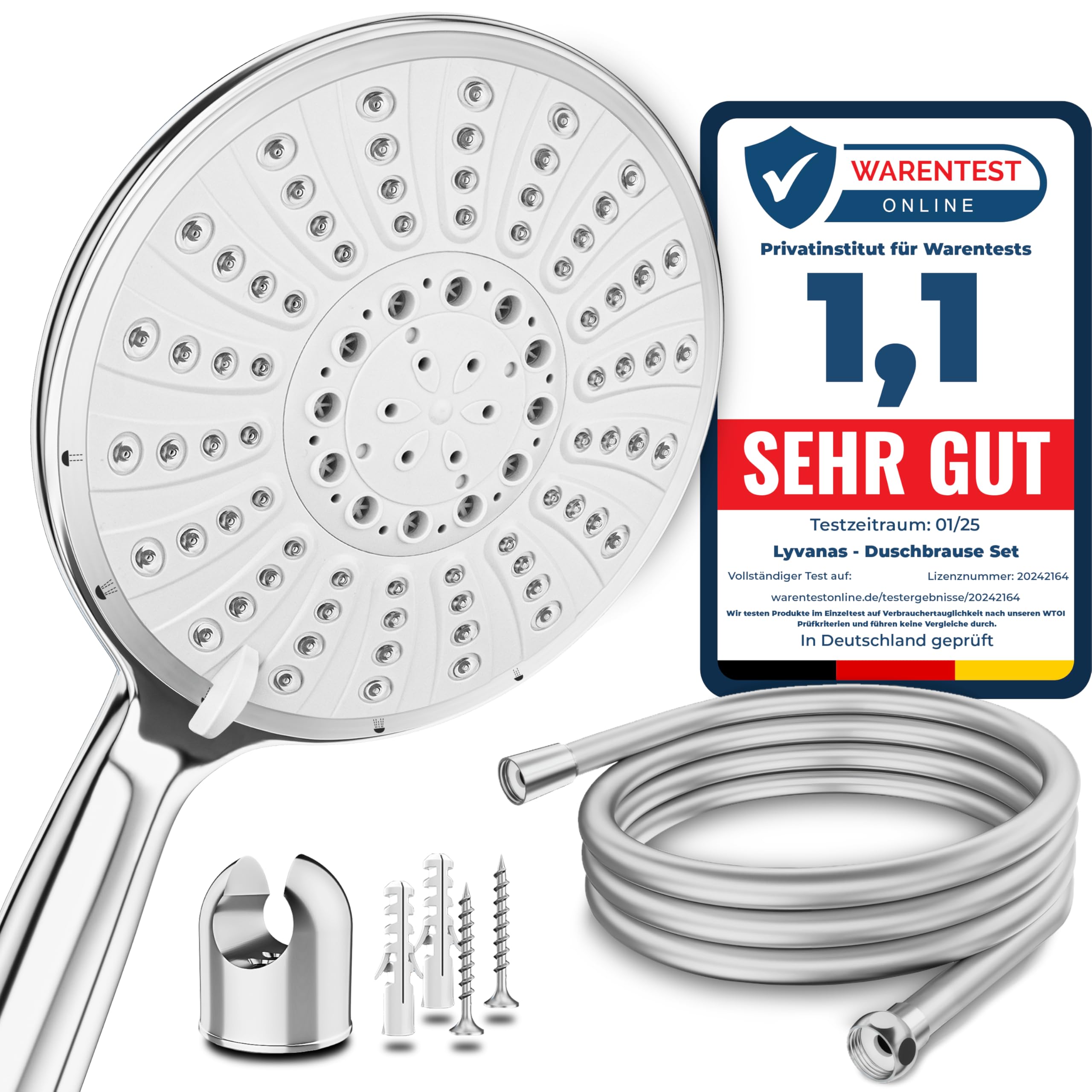 Lyvanas - TESTSIEGER - Duschkopf mit Schlauch und Halterung - Brausekopf für Dusche & Badewanne in extra gross (Ø15cm) - Wellness Regendusche mit 5 Strahlarten (Premium Set 2025)
