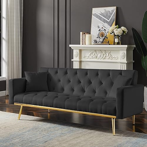 Miniatura 94 de Moderno sofá biplaza de terciopelo de 59 pulgadas con 2 bolsillos, sofá cama convertible tapizado con respaldo múltiple ajustable, sofá futón con