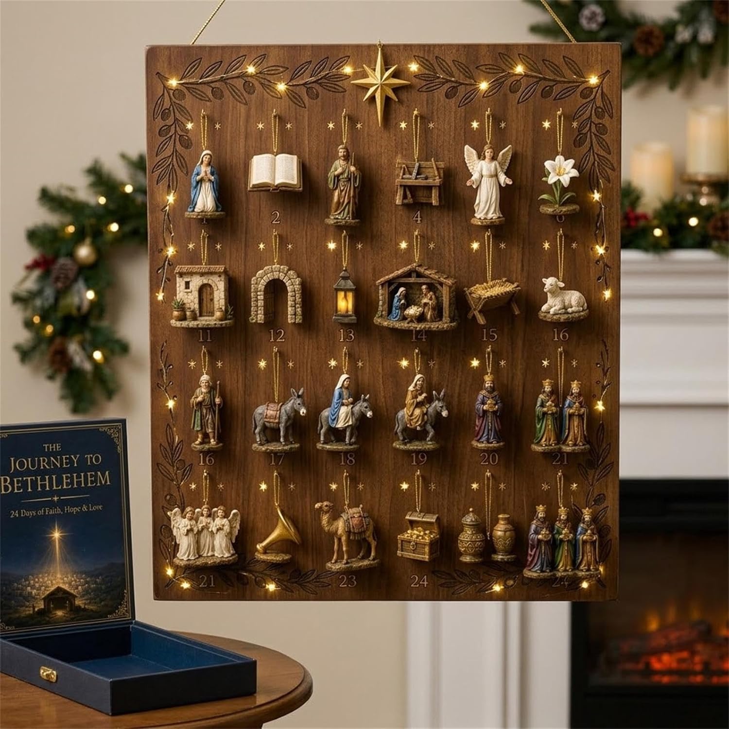 Nativity Christmas Advent Calendar, Book‑Style Pull‑Out Drawer Countdown Set With 24pcs Mini Nativity Scene Figurines, Holiday Tabletop Mantel Decor & Collectible Gift For Family Collectors，A
