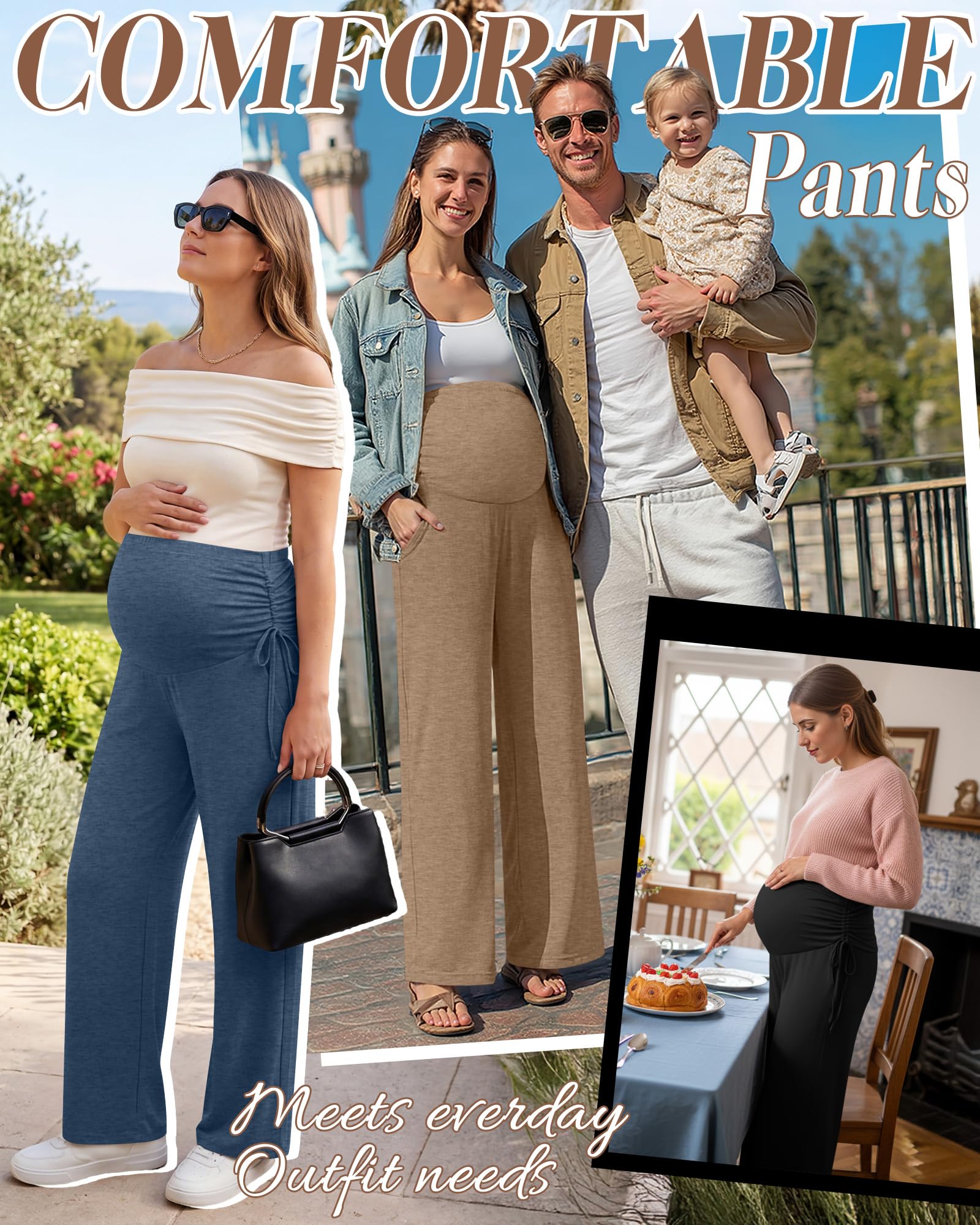 Neer Confezione da 3 pantaloni premaman da donna sopra la pancia, pantaloni larghi per gravidanza, elasticizzati, a gamba larga, con tasche