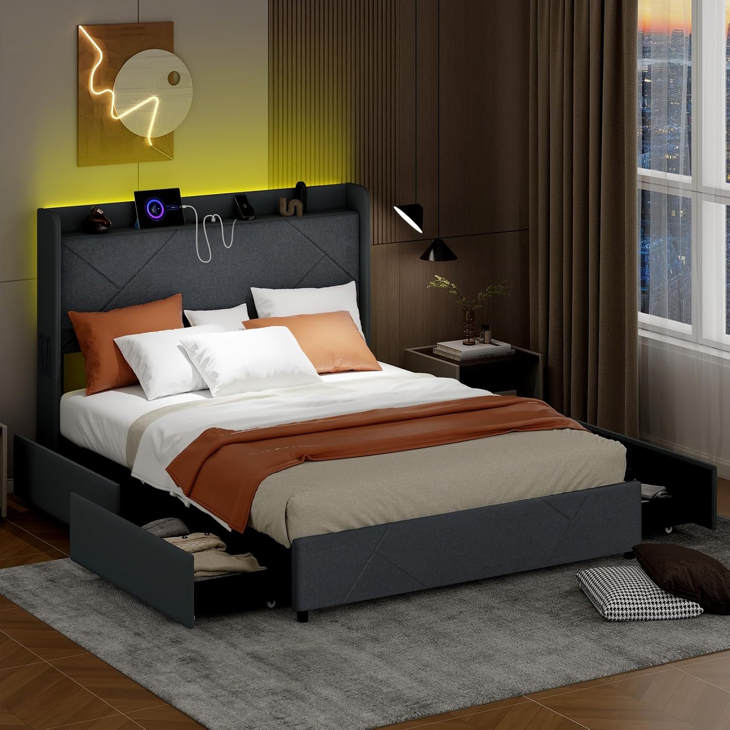 Giantex Queen Bed Frame with 4 Storage Drawers & LED Lights, Upholstered Platform Bed with Wingback Headboard & Charging Station, Wooden Slats, Easy Assembly, Grey