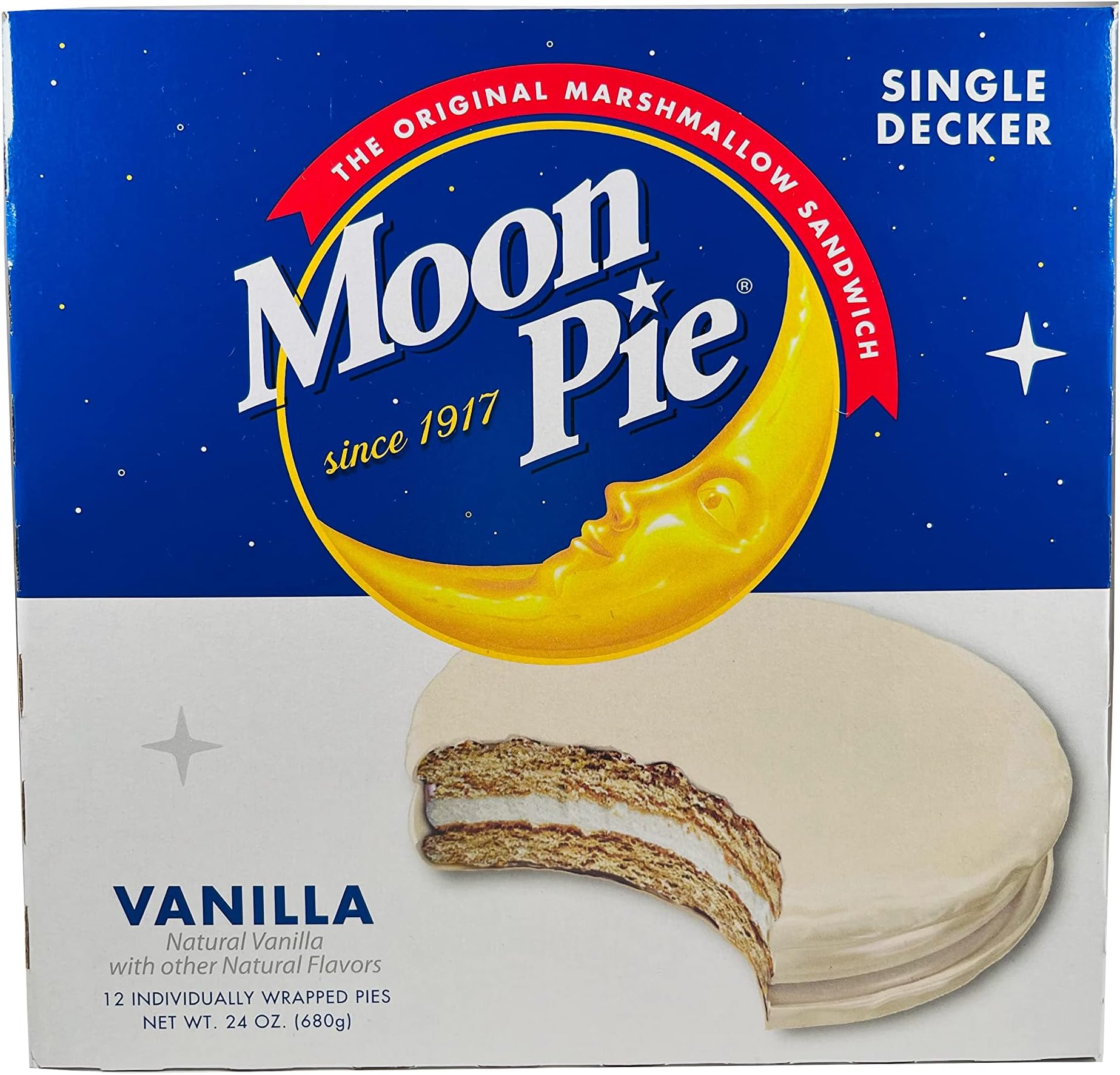 Moon Pie Single Decker - Vanilla. The Original Marshmallow Sandwich, 12 Pies per box.