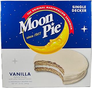 Moon Pie Single Decker - Vanilla. The Original Marshmallow Sandwich, 12 Pies per box.