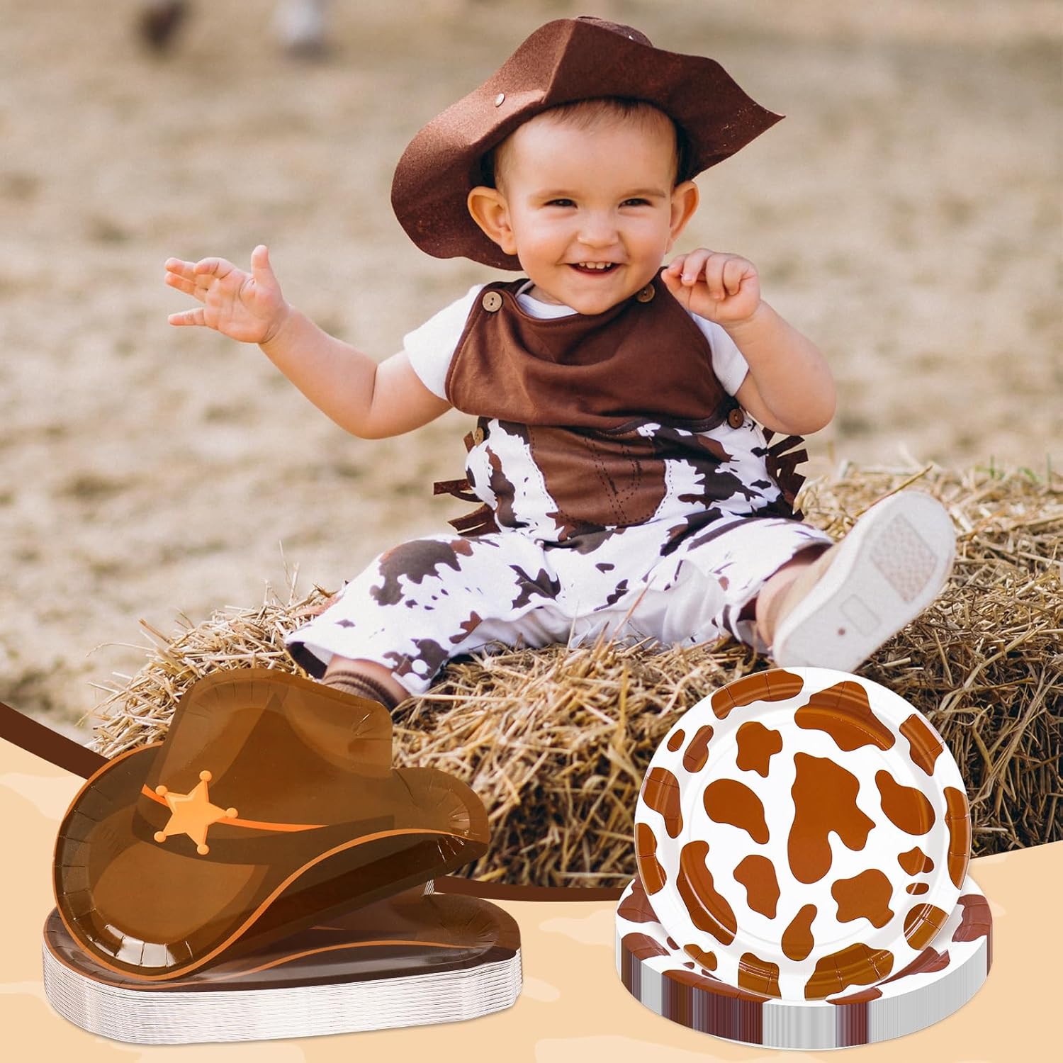 FYSUIMU 175 Pcs Cowboy Tableware Sets Serves 25 Guests Brown Rodeo Hat Cow Print Plates Napkins Cups Fork Knife Spoon Disposable Dinnerware for Western Birthday Cowgirl Party Supplies