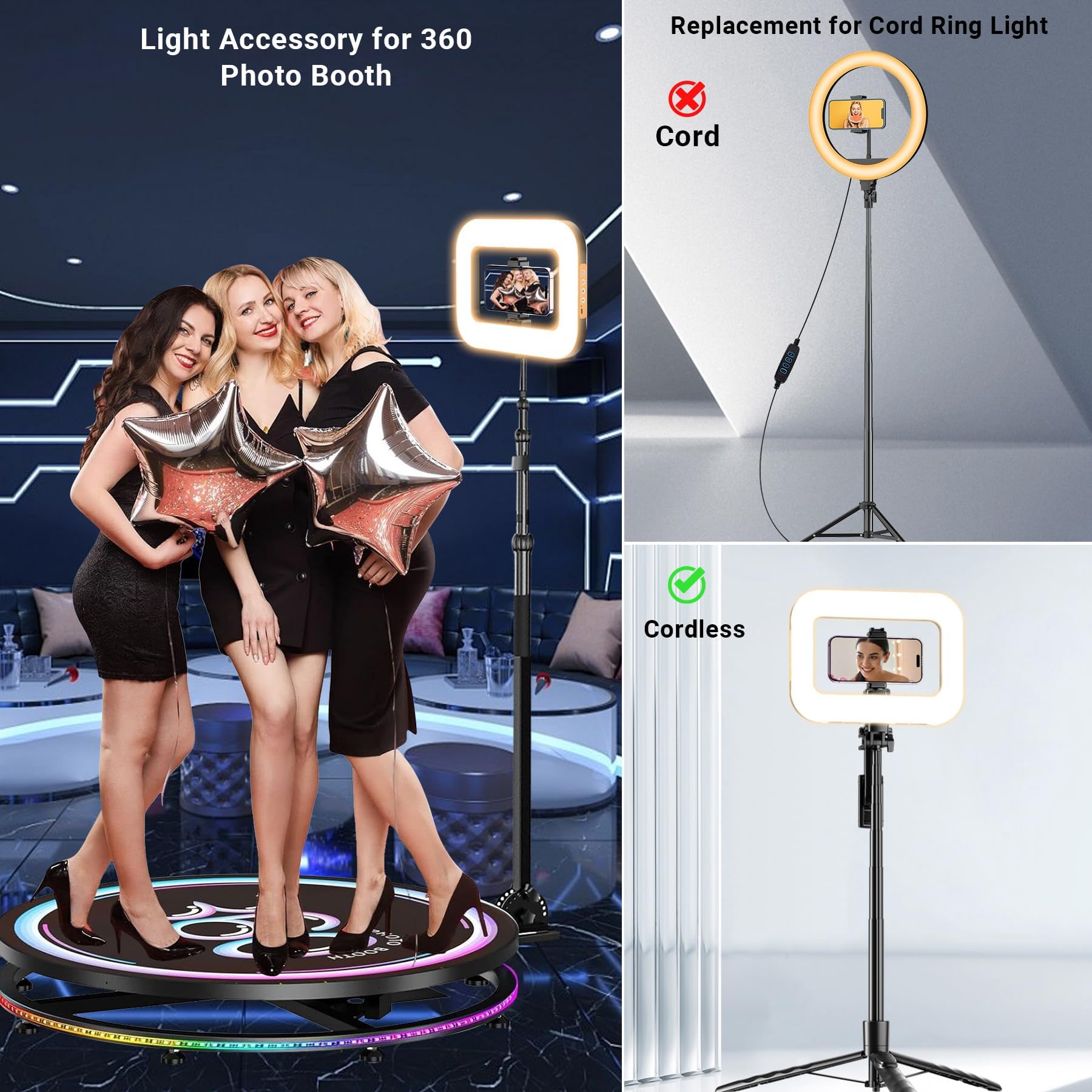 Anillo de luz recargable sin soporte, anillo de luz cuadrado inalámbrico para accesorios de cabina de fotos de 360 grados, estabilizador de video de teléfono para iPhone con batería integrada de 4000