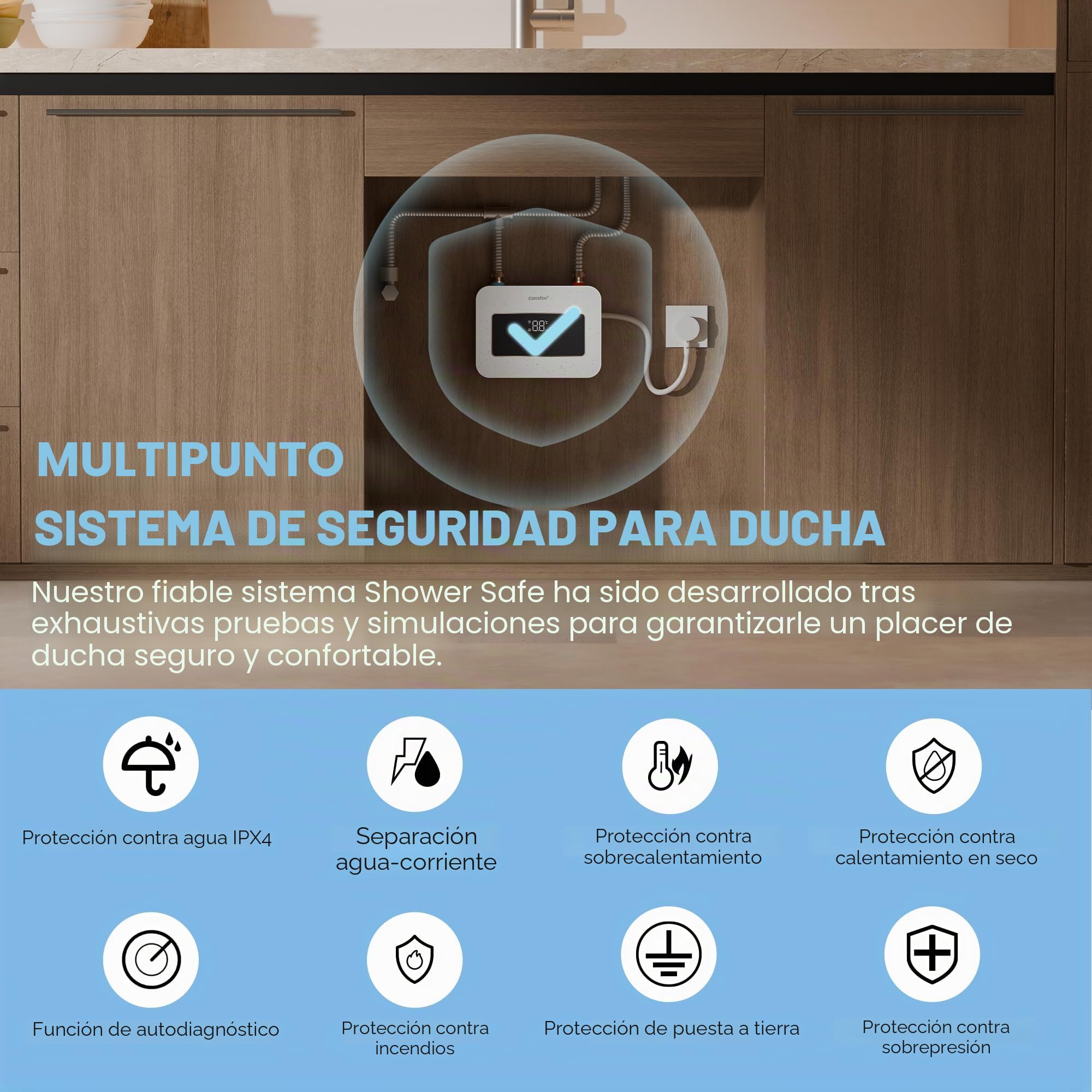 COMFEE 'CWH3.5EA1W Mini calentador de agua de 3,6 kW para lavabo de mano, calentador de agua eléctrico pequeño de 230 V, bajo mesa, control electrónico, resistente a la presión, calentamiento