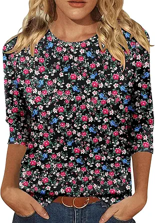 KISSMODA Tunic Tops for Women Loose Fit Dressy Round Neck Pleated 3/4 Length Sleeve Spring Tops