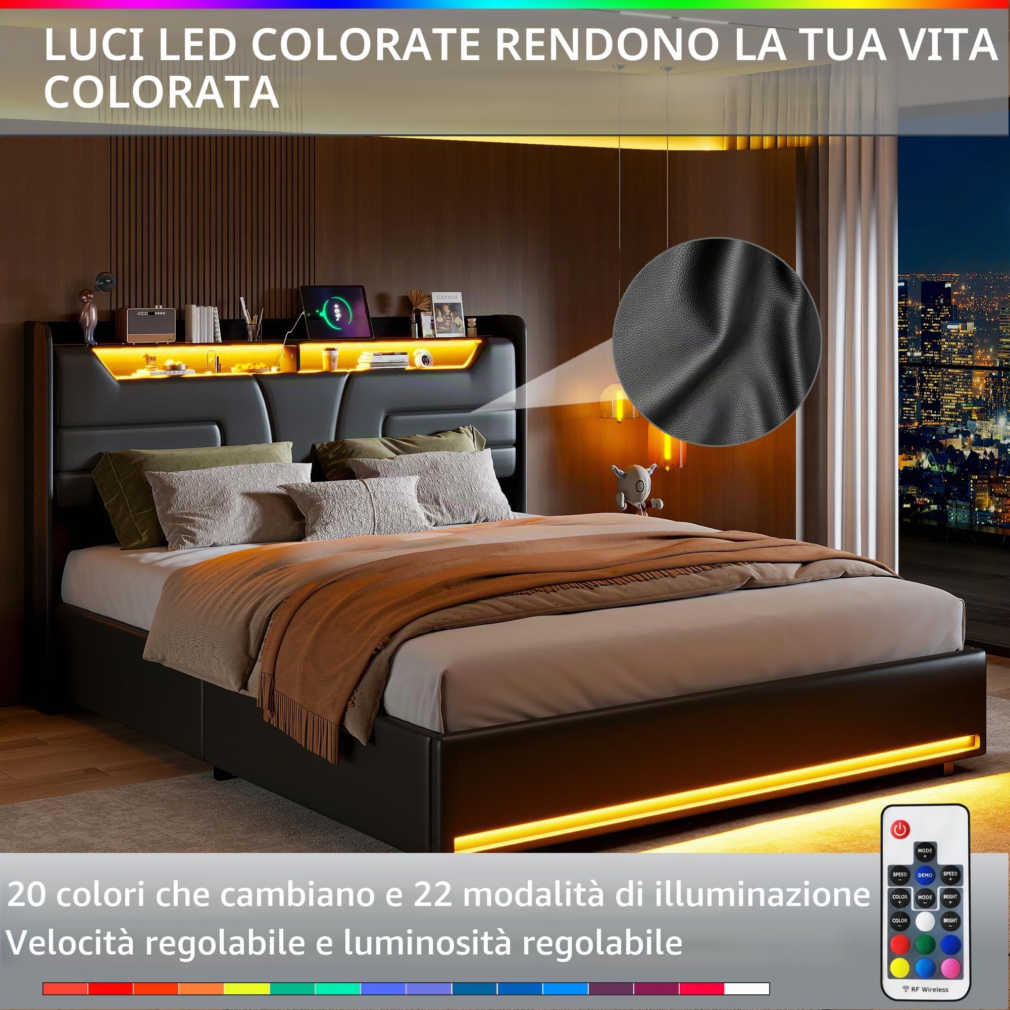 Letto Matrimoniale 160x200 cm Imbottito con Contenitore, Sistema di Sollevamento a Gas, Tessuto in PU Nero, LED, Ricarica USB, Senza Materasso (Nero-C, 160x200cm)