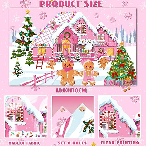 Miniatura 6 de Decoración de fondo de Navidad de pan de jengibre, suministros de Navidad rosados, fondo de casa de jengibre, decoración de decoración para Navidad,